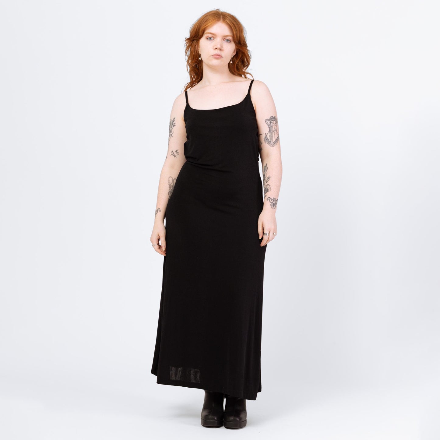 Vintage 90s Minimalist Slinky Black Sleeveless Maxi Dress - Medium | Spaghetti Strap Goth Grunge Layering Dress