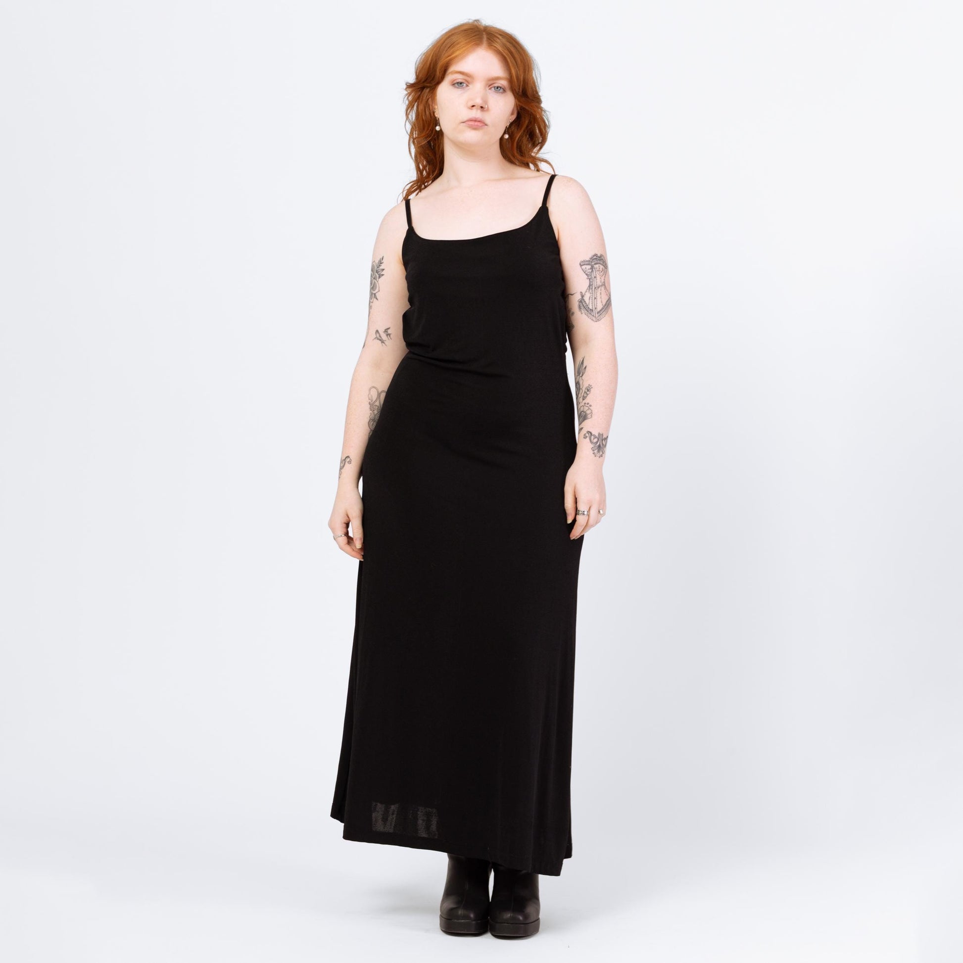 Vintage 90s Minimalist Slinky Black Sleeveless Maxi Dress - Medium | Spaghetti Strap Goth Grunge Layering Dress