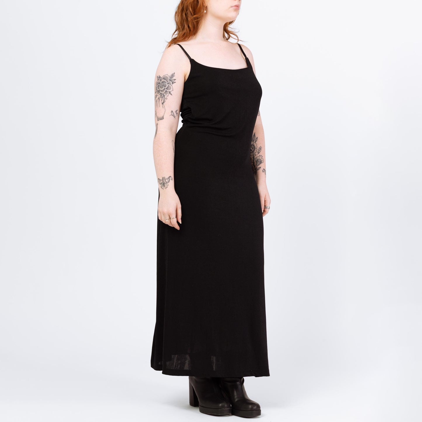Vintage 90s Minimalist Slinky Black Sleeveless Maxi Dress - Medium | Spaghetti Strap Goth Grunge Layering Dress