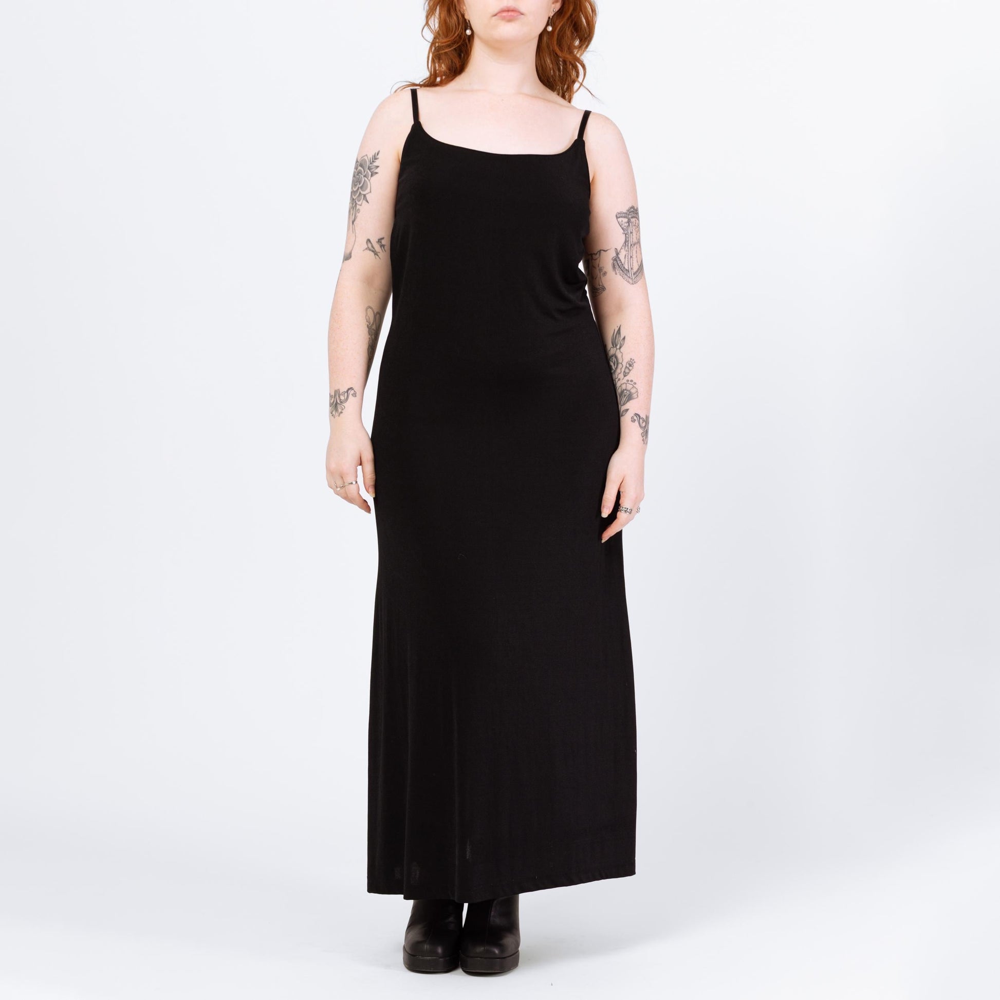Vintage 90s Minimalist Slinky Black Sleeveless Maxi Dress - Medium | Spaghetti Strap Goth Grunge Layering Dress
