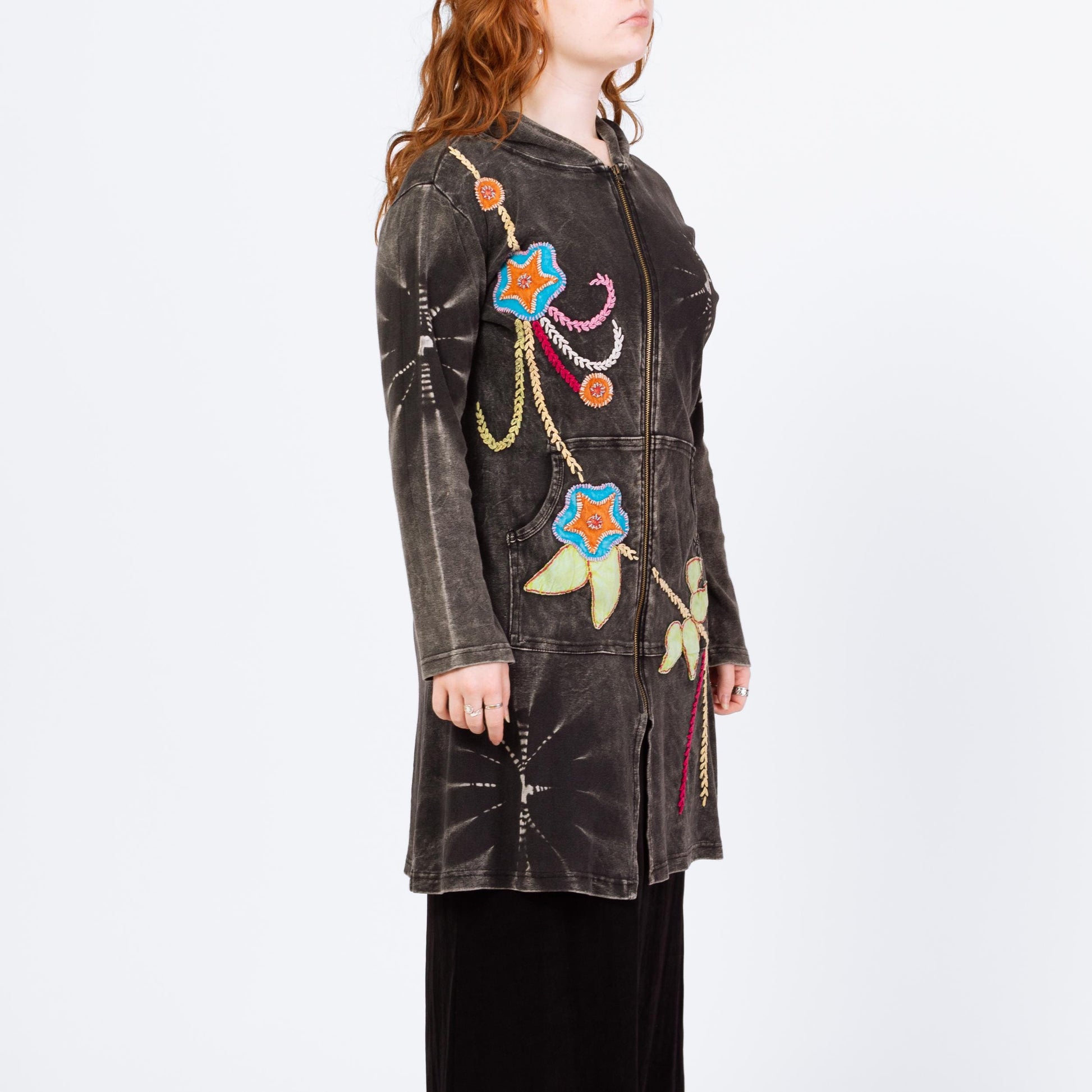 Vintage Y2K Boho Black Tie Dye Embroidered Hooded Mini Dress - Large | Long Sleeve Fairycore Whimsigoth Hippie Zip Up Dress