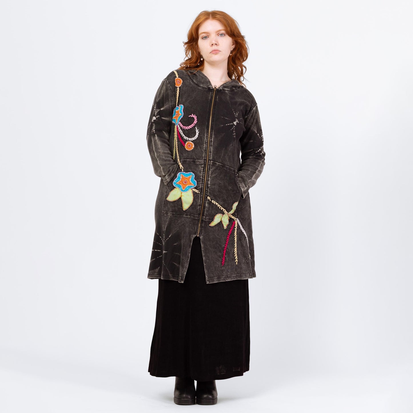 Vintage Y2K Boho Black Tie Dye Embroidered Hooded Mini Dress - Large | Long Sleeve Fairycore Whimsigoth Hippie Zip Up Dress