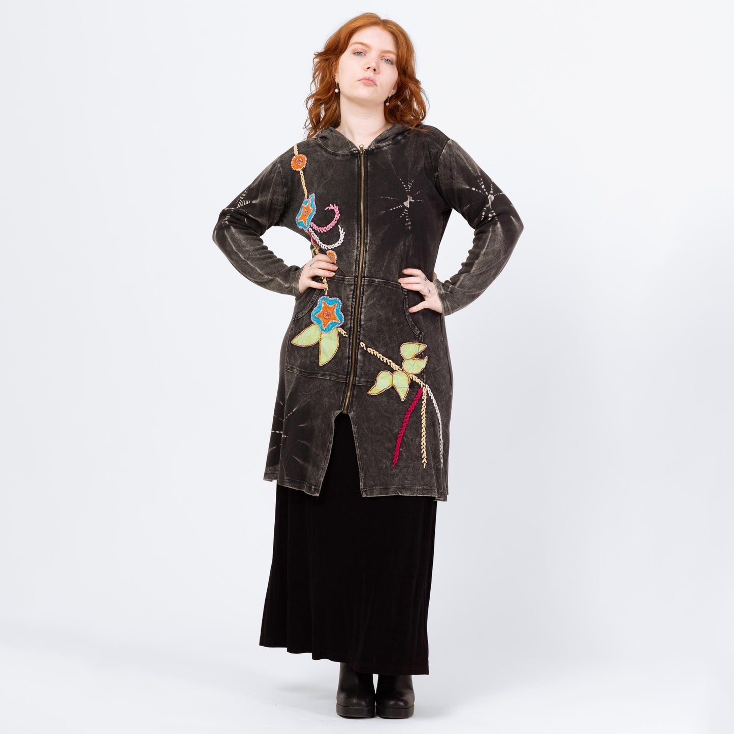 Vintage Y2K Boho Black Tie Dye Embroidered Hooded Mini Dress - Large | Long Sleeve Fairycore Whimsigoth Hippie Zip Up Dress