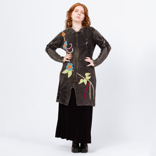 Vintage Y2K Boho Black Tie Dye Embroidered Hooded Mini Dress - Large | Long Sleeve Fairycore Whimsigoth Hippie Zip Up Dress