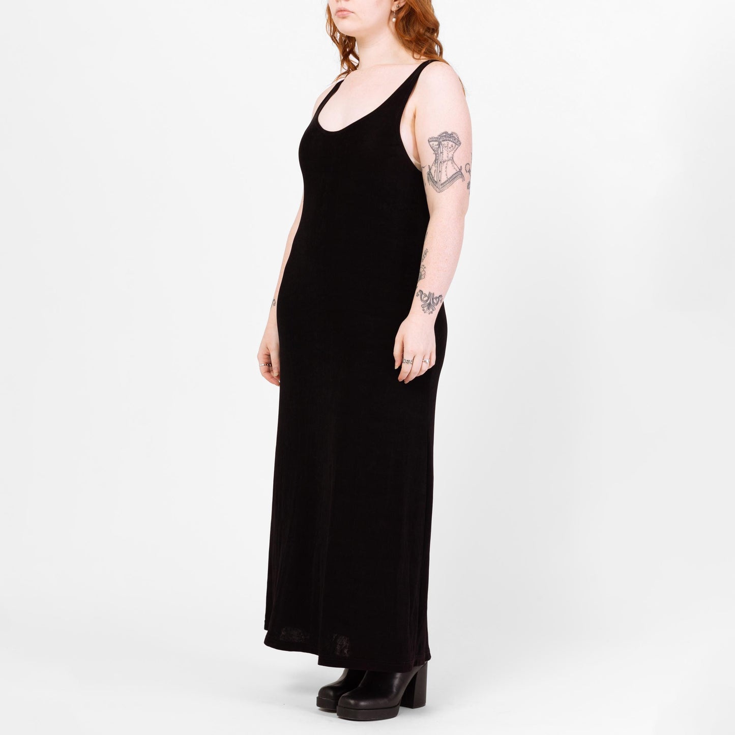 Vintage 90s Minimalist Black Slinky Maxi Tank Dress - Large | A Line Goth Grunge Layering Dress