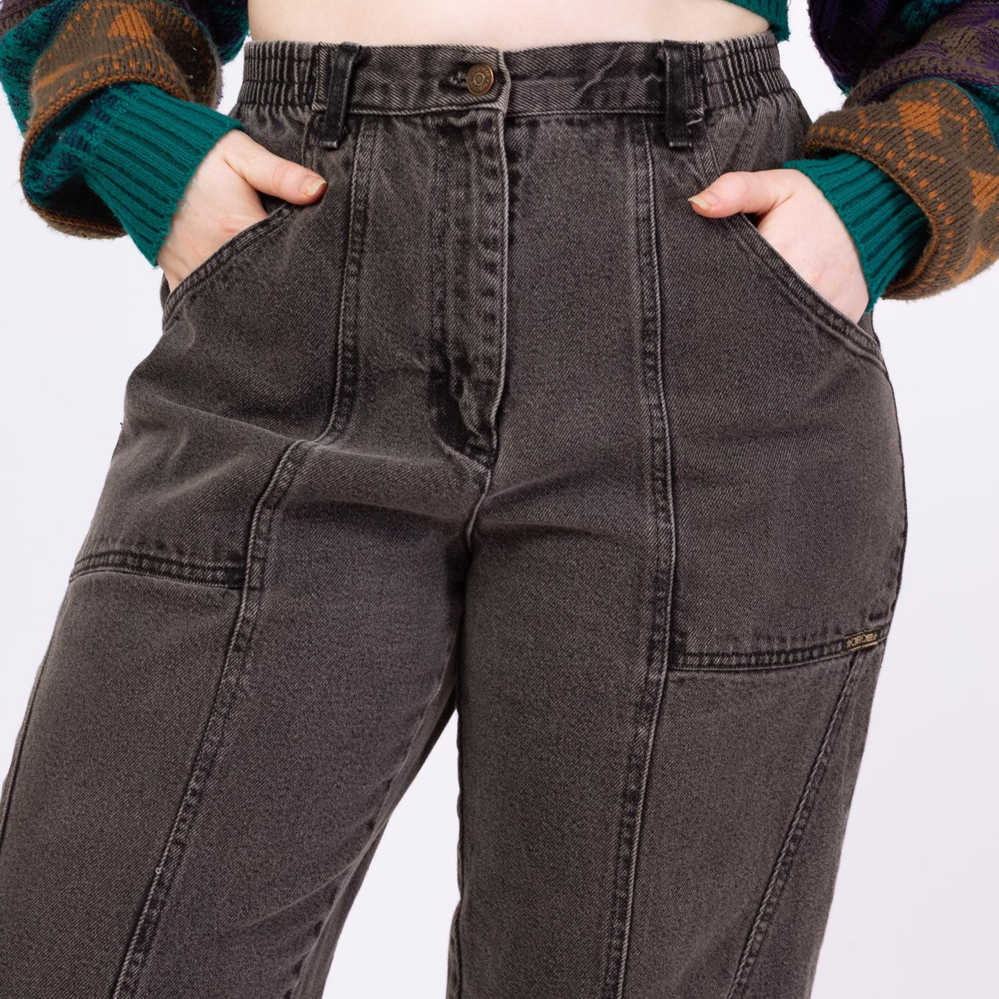 Vintage 90s Grunge Faded Black Elastic Waist Jeans - Petite Large, 30"-33" Waist | High Waisted Camp Pocket Tapered Leg Casual Jeans