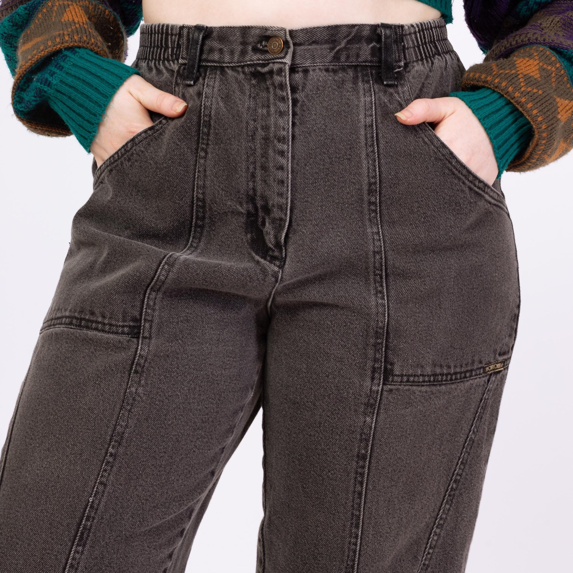 Vintage 90s Grunge Faded Black Elastic Waist Jeans - Petite Large, 30"-33" Waist | High Waisted Camp Pocket Tapered Leg Casual Jeans