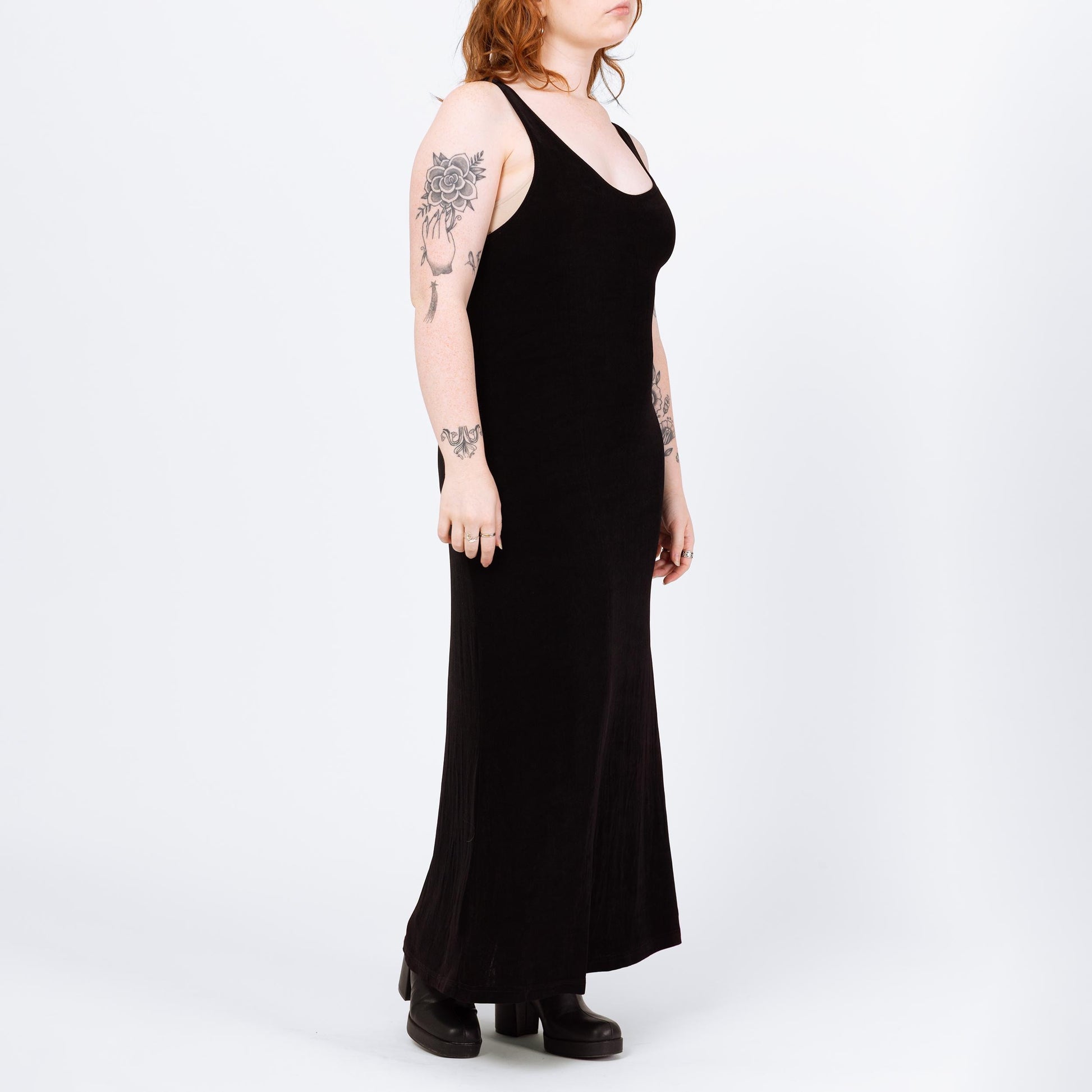 Vintage 90s Minimalist Black Slinky Maxi Tank Dress - Large | A Line Goth Grunge Layering Dress