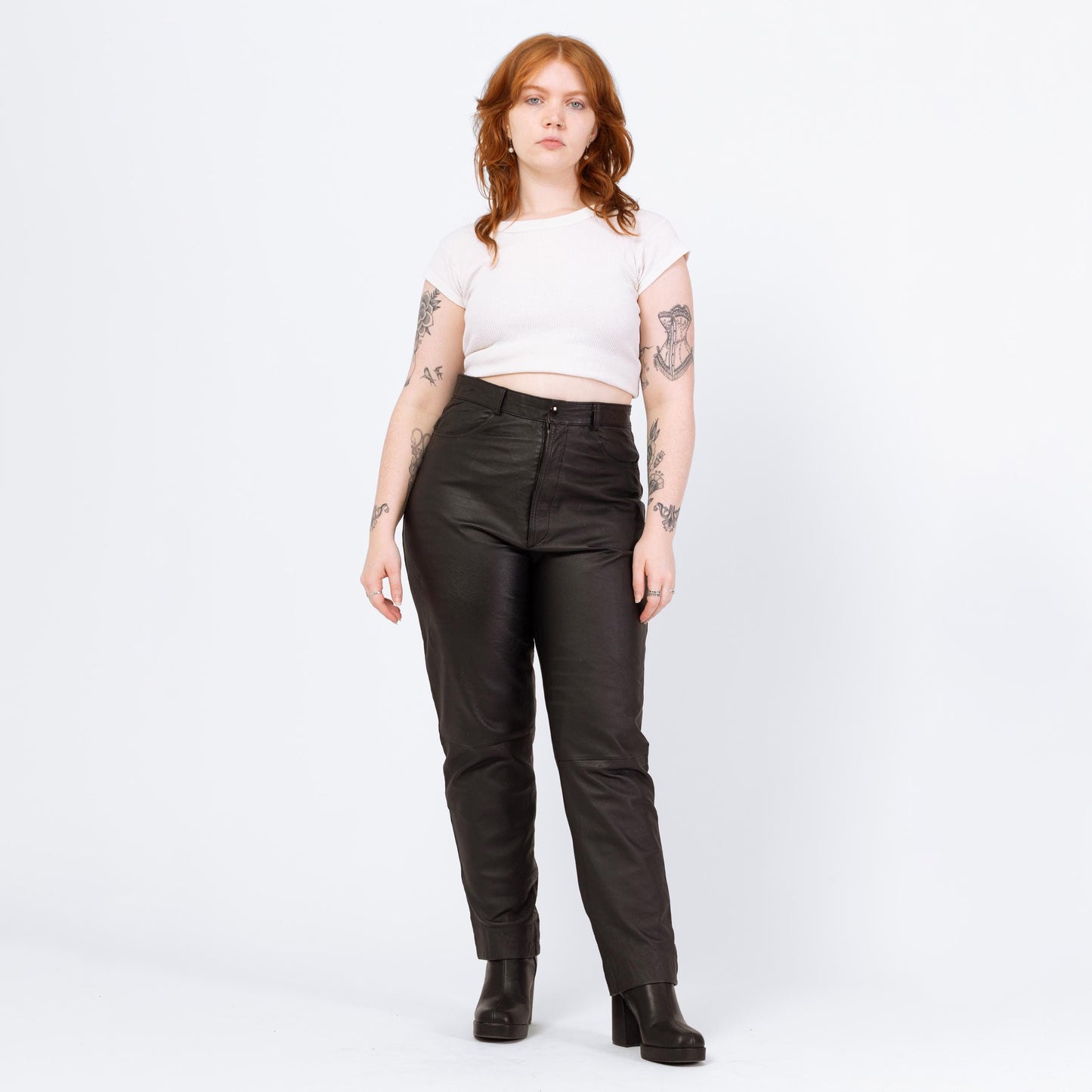 Vintage 90s Black Leather High Waisted Trousers - Large, 32" Waist | Grunge Tapered Leg Minimalist Biker Pants