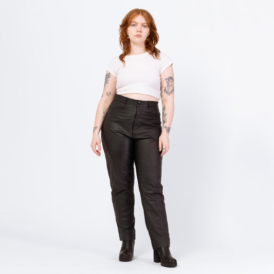 Vintage 90s Black Leather High Waisted Trousers - Large, 32" Waist | Grunge Tapered Leg Minimalist Biker Pants