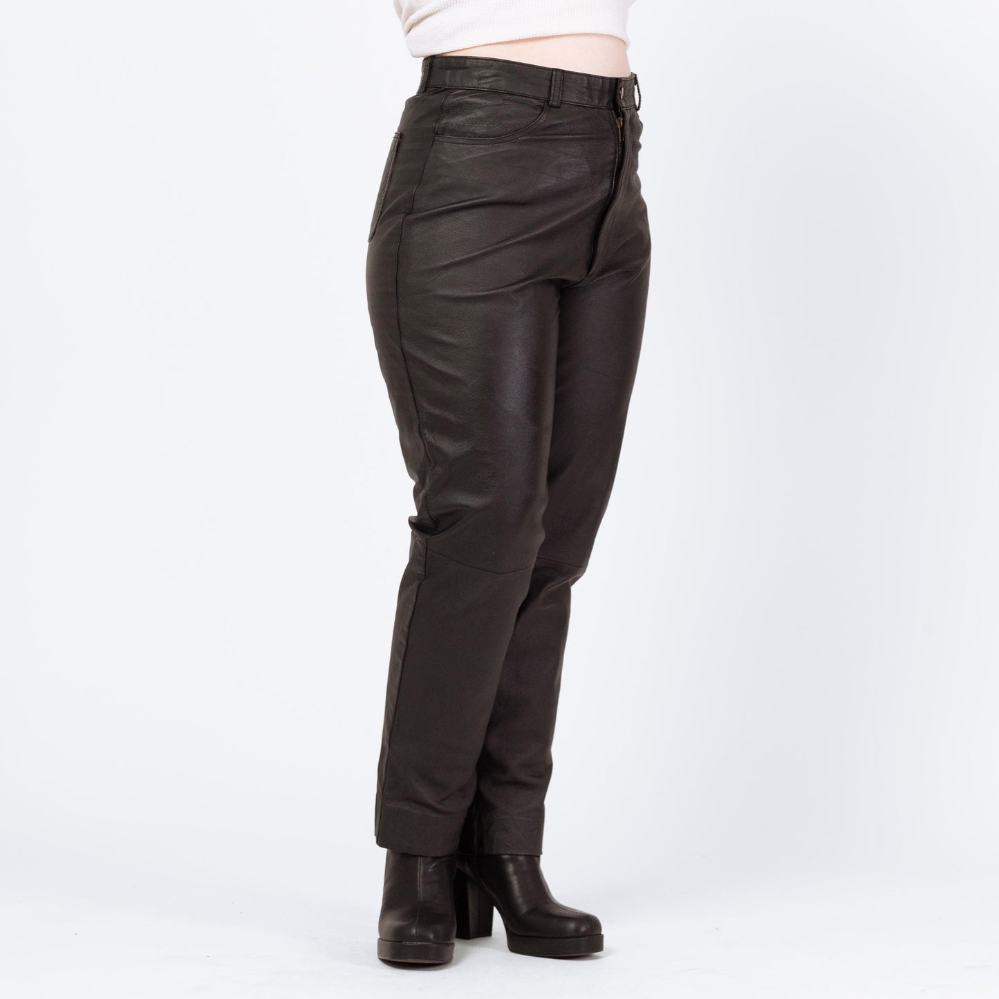 Vintage 90s Black Leather High Waisted Trousers - Large, 32" Waist | Grunge Tapered Leg Minimalist Biker Pants