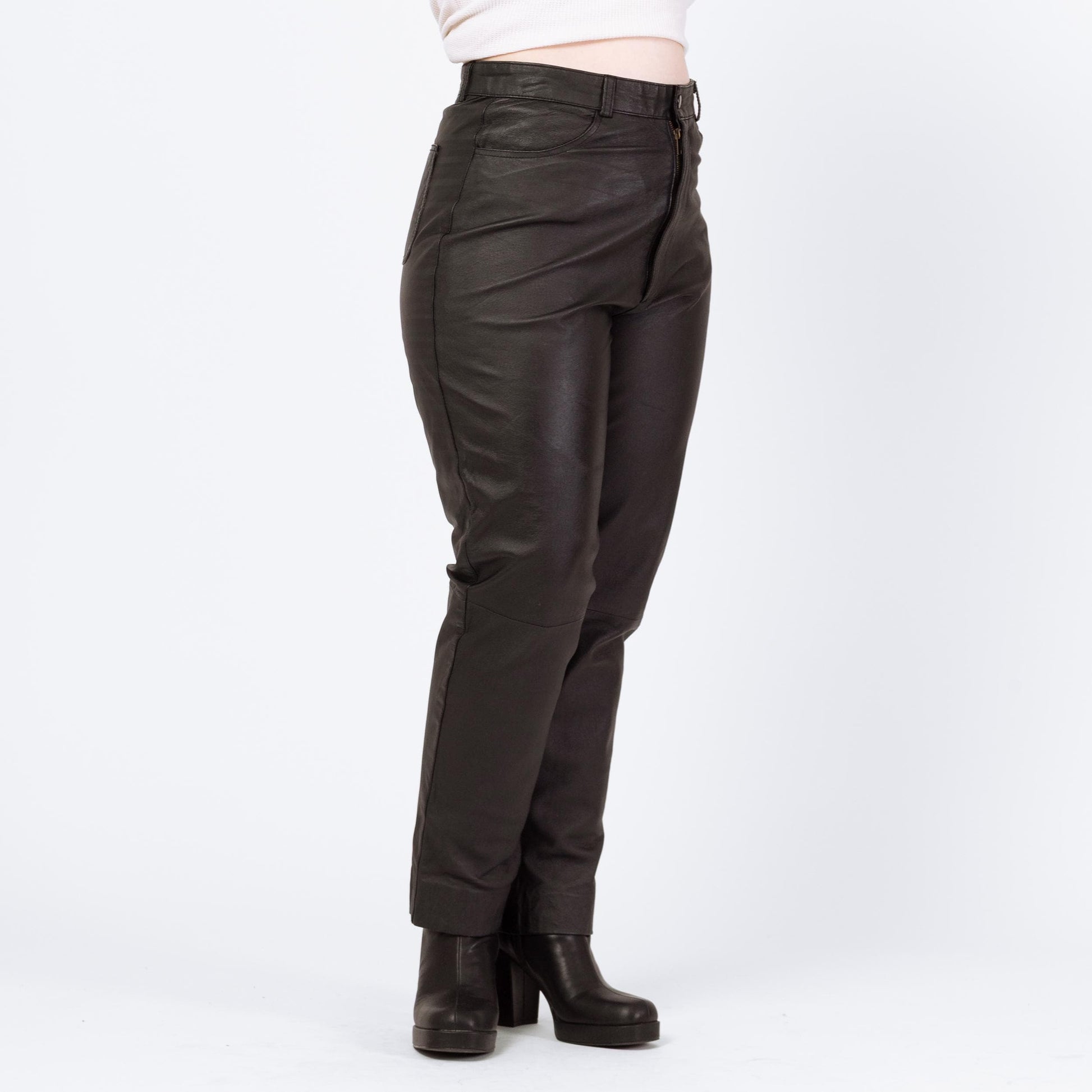 Vintage 90s Black Leather High Waisted Trousers - Large, 32" Waist | Grunge Tapered Leg Minimalist Biker Pants