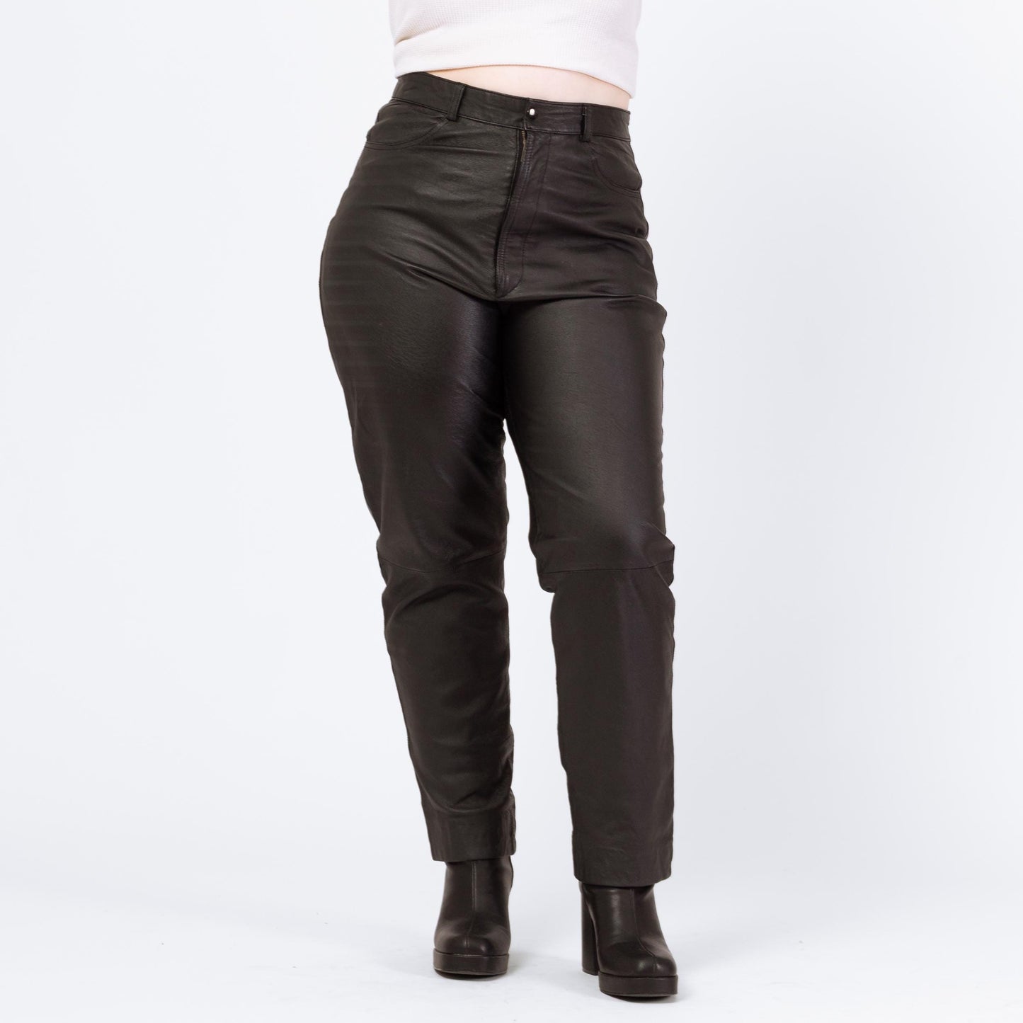 Vintage 90s Black Leather High Waisted Trousers - Large, 32" Waist | Grunge Tapered Leg Minimalist Biker Pants