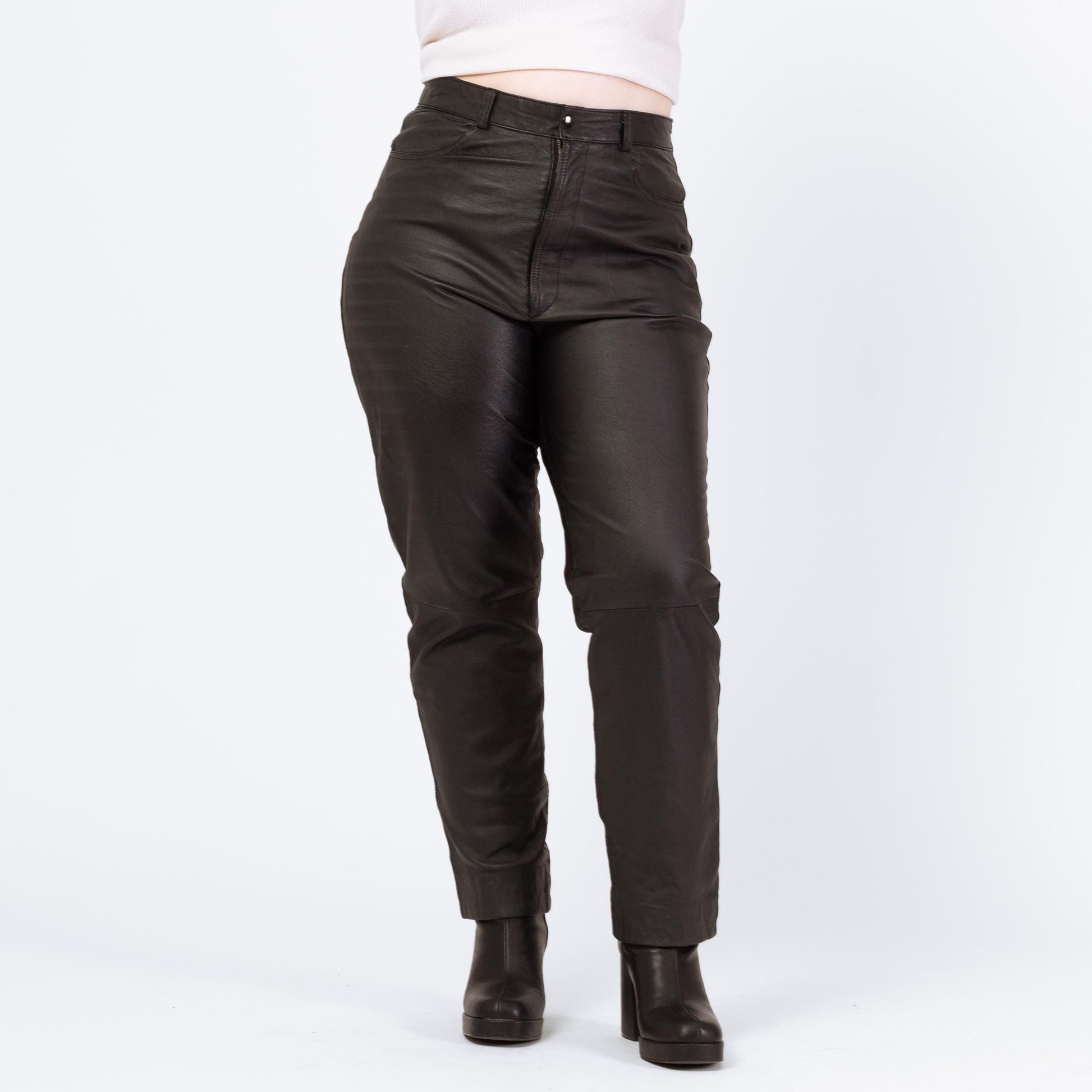 Vintage 90s Black Leather High Waisted Trousers - Large, 32" Waist | Grunge Tapered Leg Minimalist Biker Pants