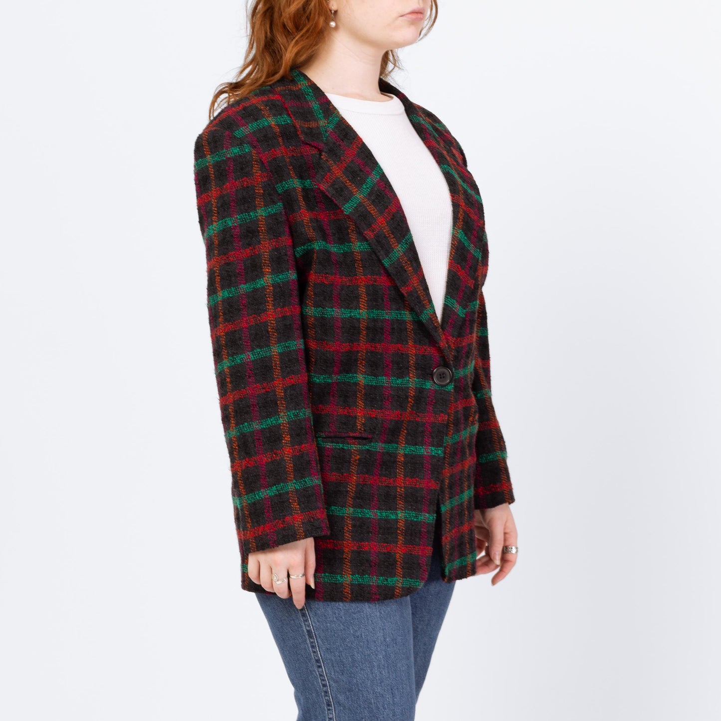 Vintage 80s Black Windowpane Plaid Tweed Blazer - Large | Longline Oversize Button Up Notched Collar Jacket