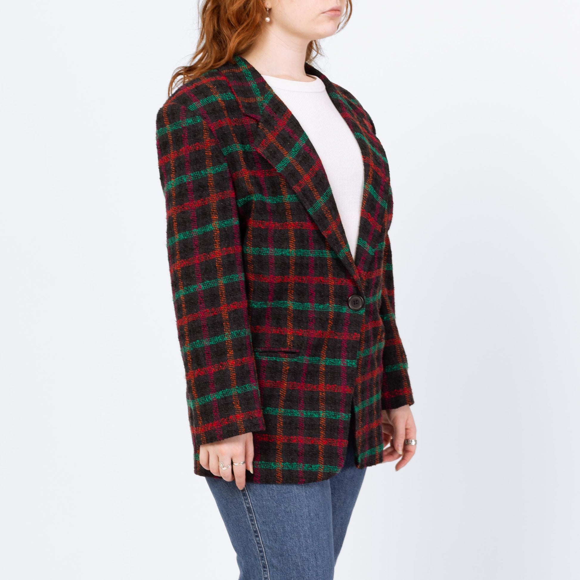 Vintage 80s Black Windowpane Plaid Tweed Blazer - Large | Longline Oversize Button Up Notched Collar Jacket