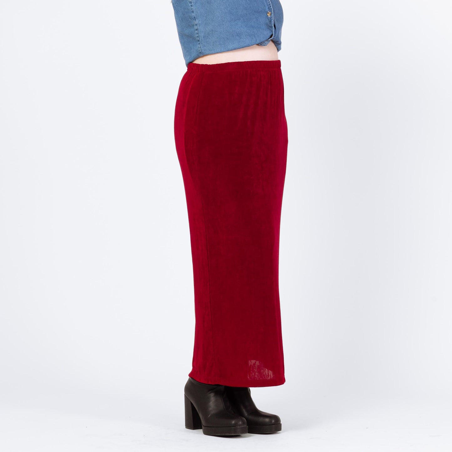 Vintage 90s Wine Red Slinky Maxi Skirt - Large | Ankle Length Grunge Whimsigoth Stretchy Straight Skirt