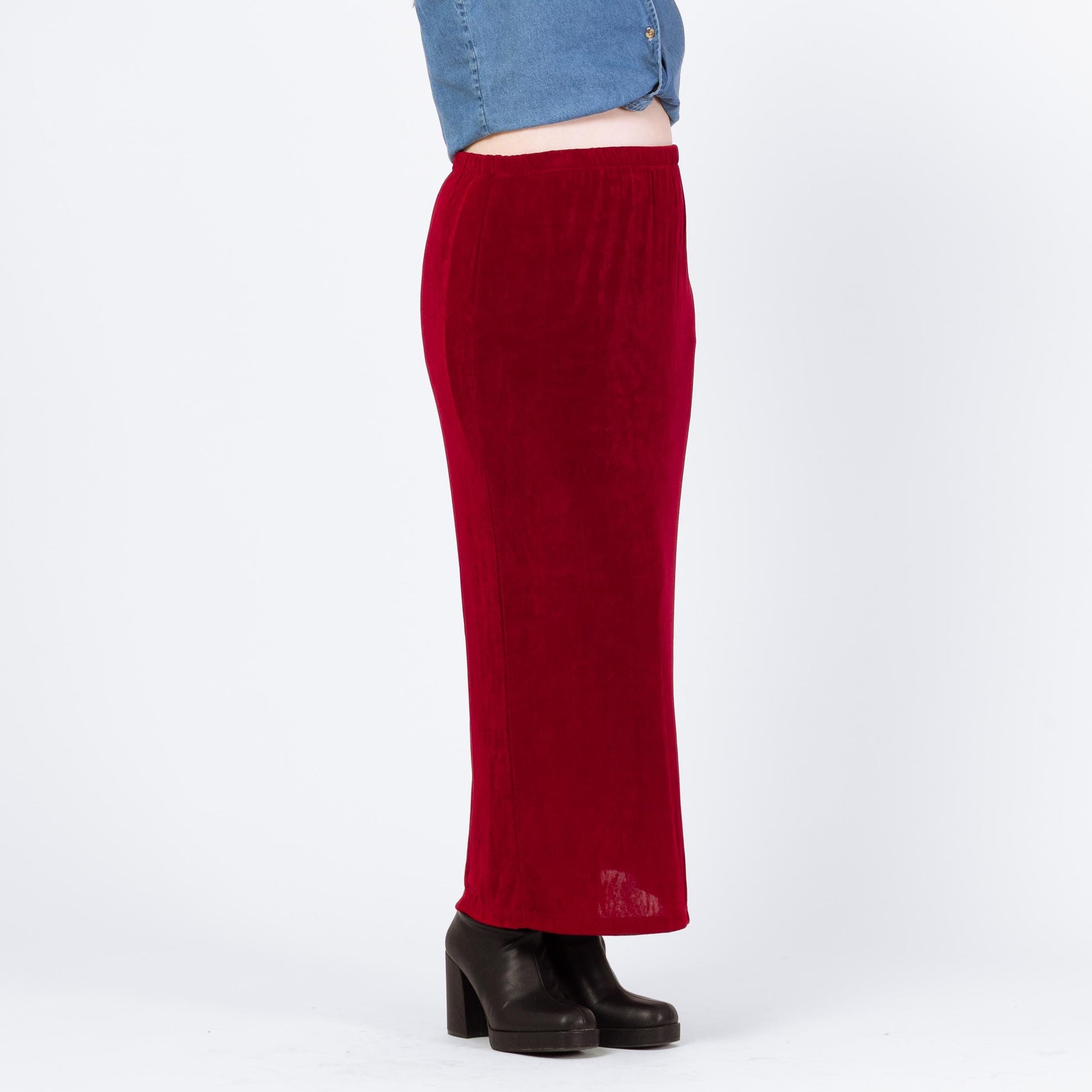 Vintage 90s Wine Red Slinky Maxi Skirt - Large | Ankle Length Grunge Whimsigoth Stretchy Straight Skirt