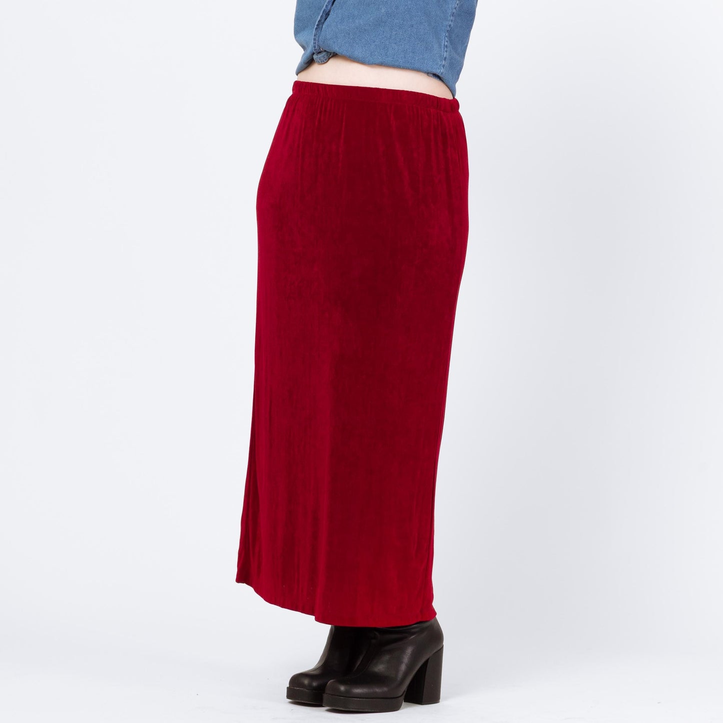 Vintage 90s Wine Red Slinky Maxi Skirt - Large | Ankle Length Grunge Whimsigoth Stretchy Straight Skirt