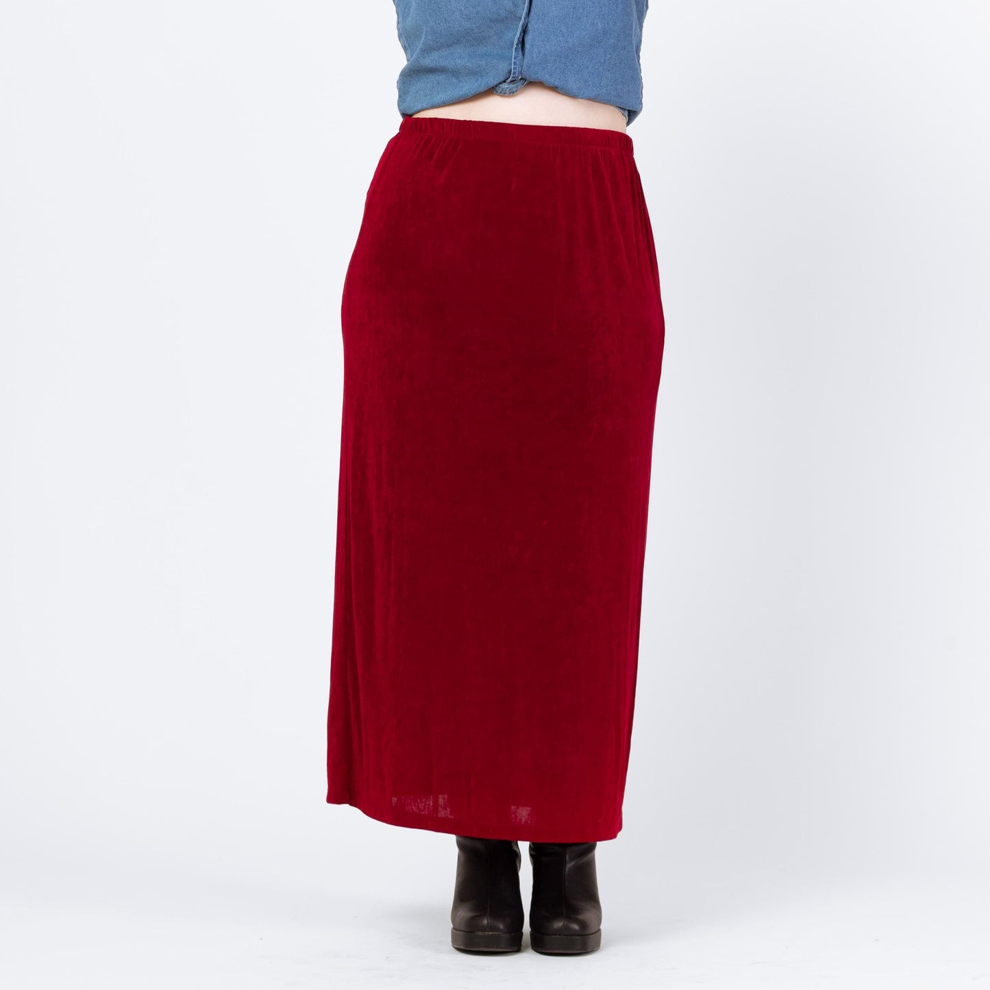 Vintage 90s Wine Red Slinky Maxi Skirt - Large | Ankle Length Grunge Whimsigoth Stretchy Straight Skirt
