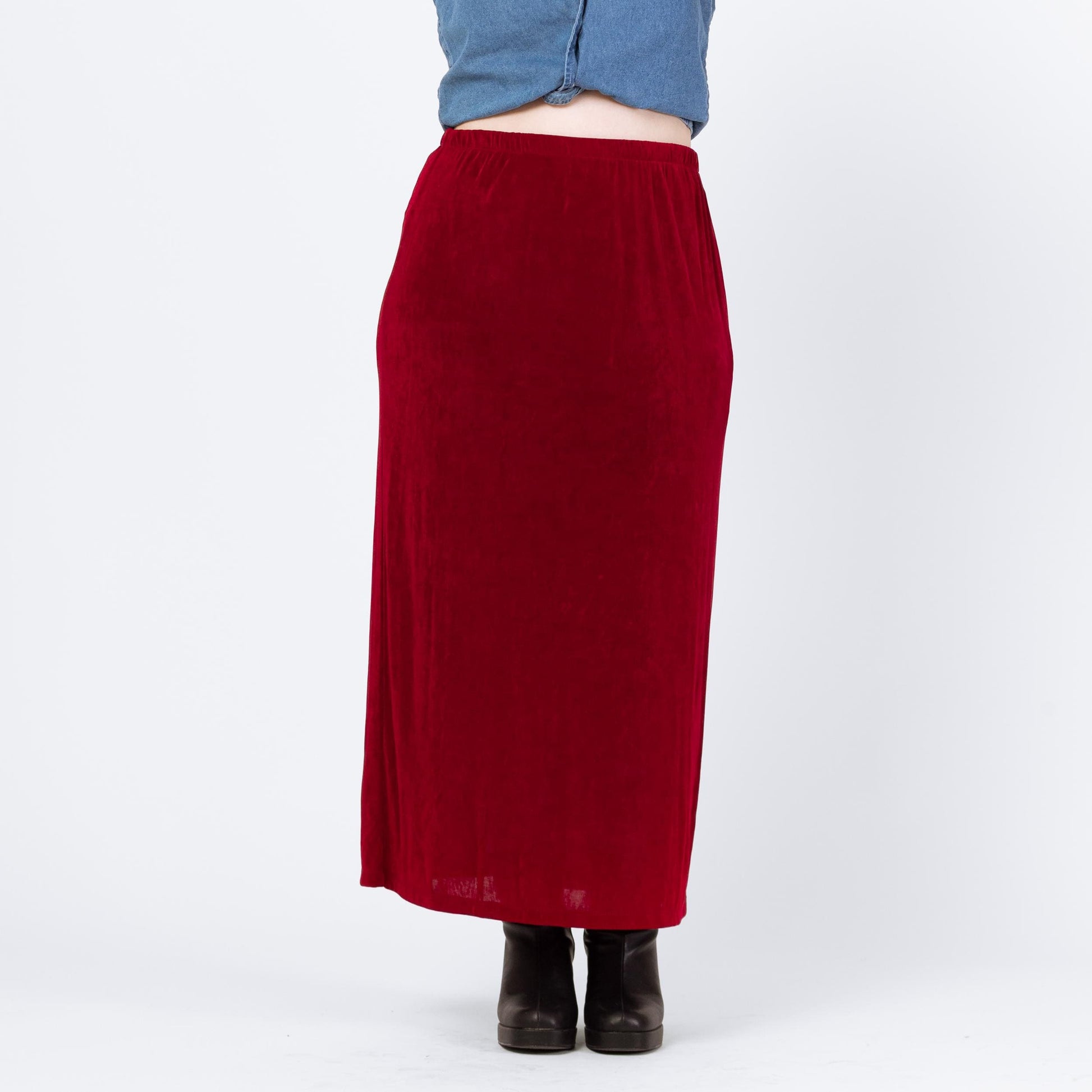 Vintage 90s Wine Red Slinky Maxi Skirt - Large | Ankle Length Grunge Whimsigoth Stretchy Straight Skirt