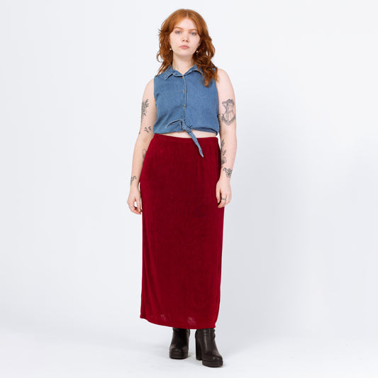 Vintage 90s Wine Red Slinky Maxi Skirt - Large | Ankle Length Grunge Whimsigoth Stretchy Straight Skirt