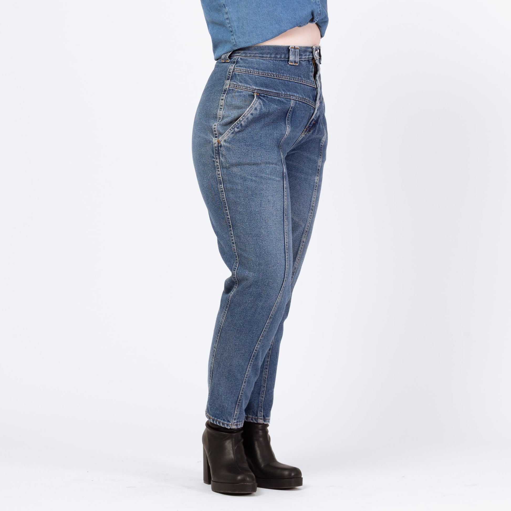 Vintage 90s Grunge Yoked Waist High Rise Curvy Jeans - Medium, 29" Waist | Hourglass Fit Tapered Leg Denim, High Waisted Mom Jeans