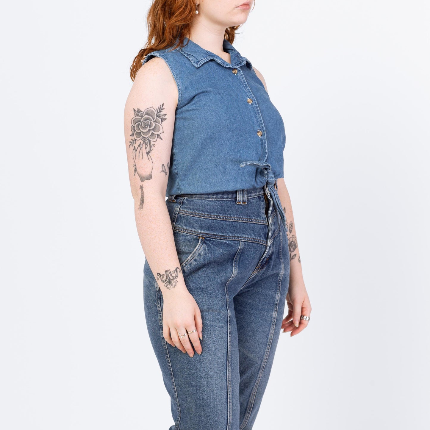 Vintage 90s Chambray Tie Front Crop Top - Large | Blue Jean Button Up Western Cropped Sleeveless Blouse