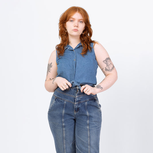 Vintage 90s Chambray Tie Front Crop Top - Large | Blue Jean Button Up Western Cropped Sleeveless Blouse
