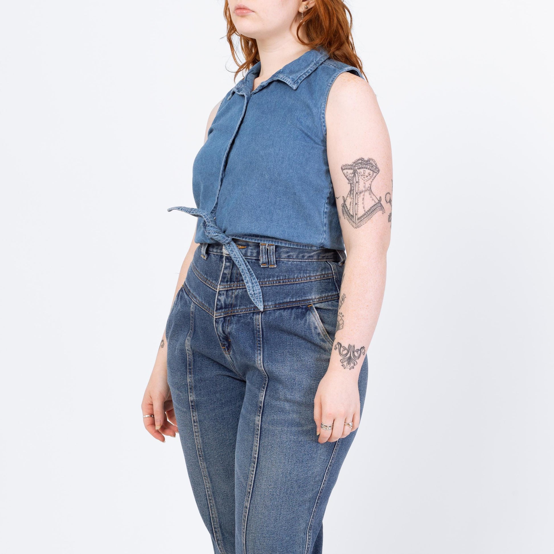 Vintage 90s Chambray Tie Front Crop Top - Large | Blue Jean Button Up Western Cropped Sleeveless Blouse