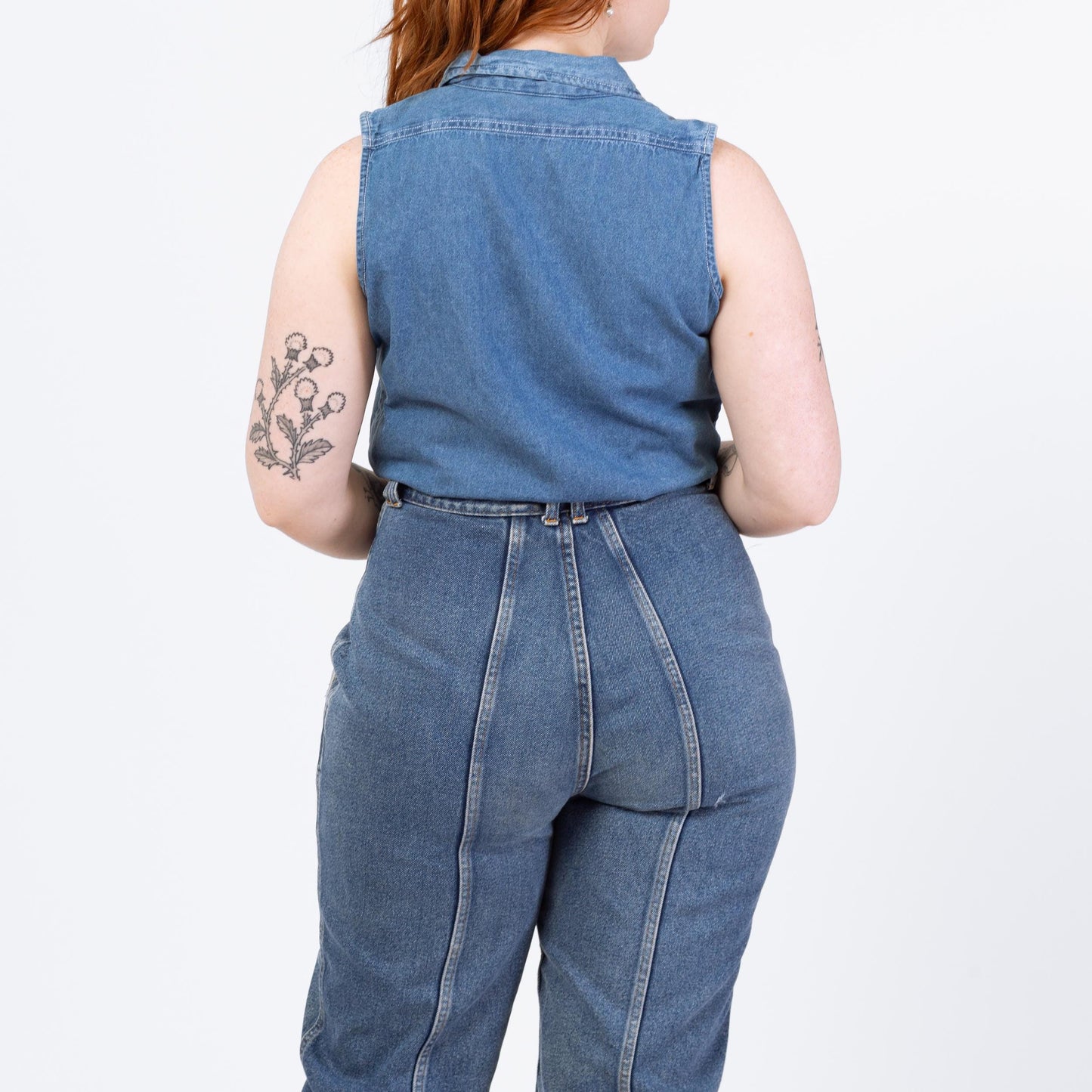 Vintage 90s Chambray Tie Front Crop Top - Large | Blue Jean Button Up Western Cropped Sleeveless Blouse