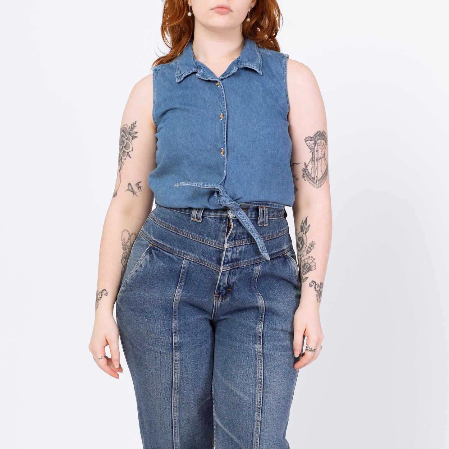 Vintage 90s Chambray Tie Front Crop Top - Large | Blue Jean Button Up Western Cropped Sleeveless Blouse