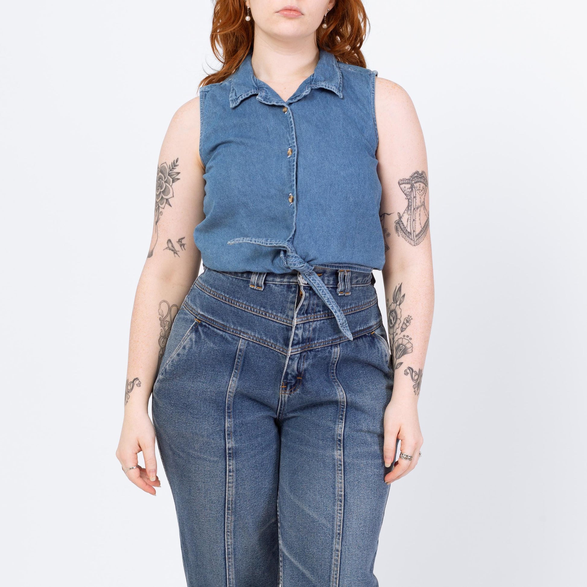 Vintage 90s Chambray Tie Front Crop Top - Large | Blue Jean Button Up Western Cropped Sleeveless Blouse