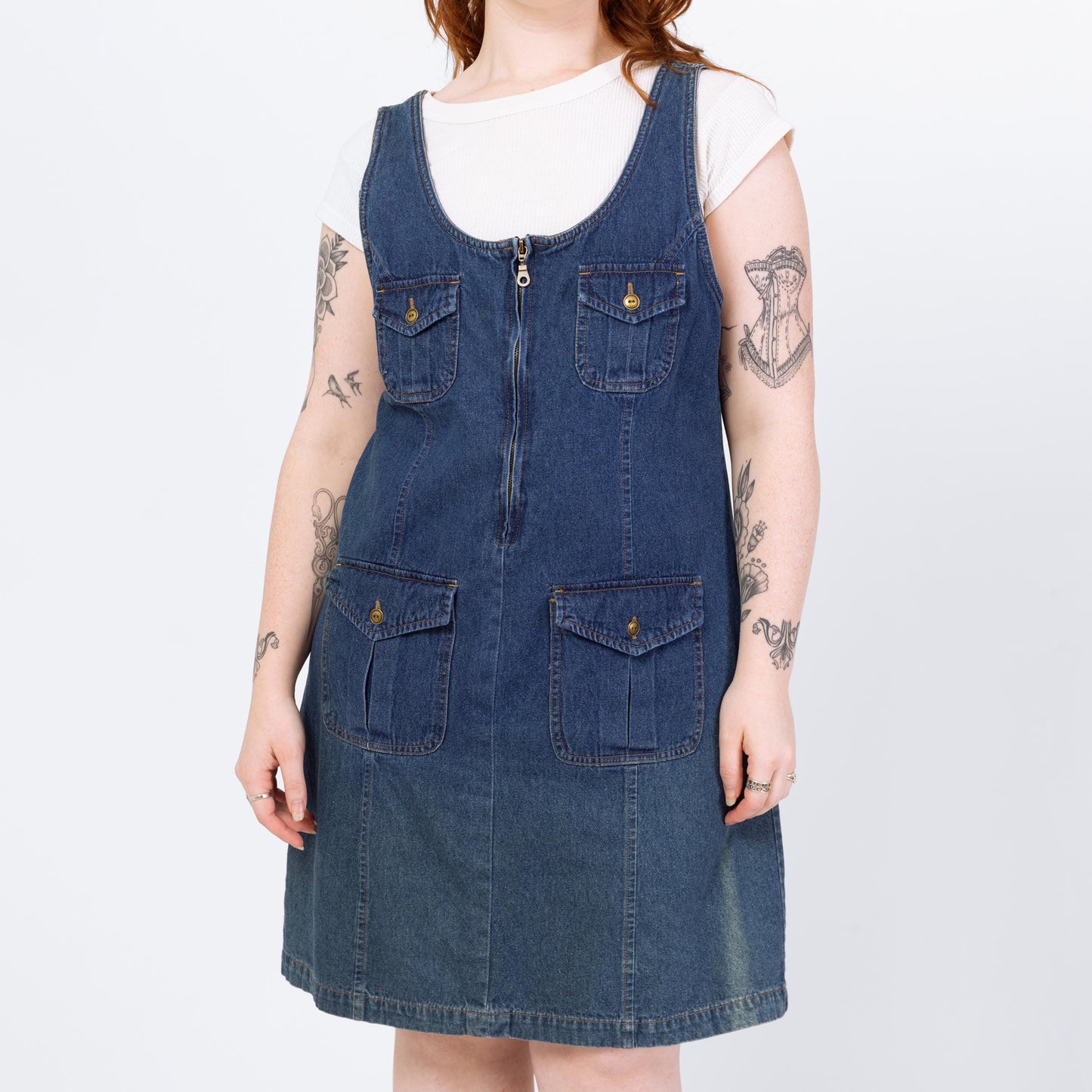 Vintage 90s Faded Denim Mini Pinafore Dress - Large | Zip Front Sleeveless Blue Jean Grunge Dress