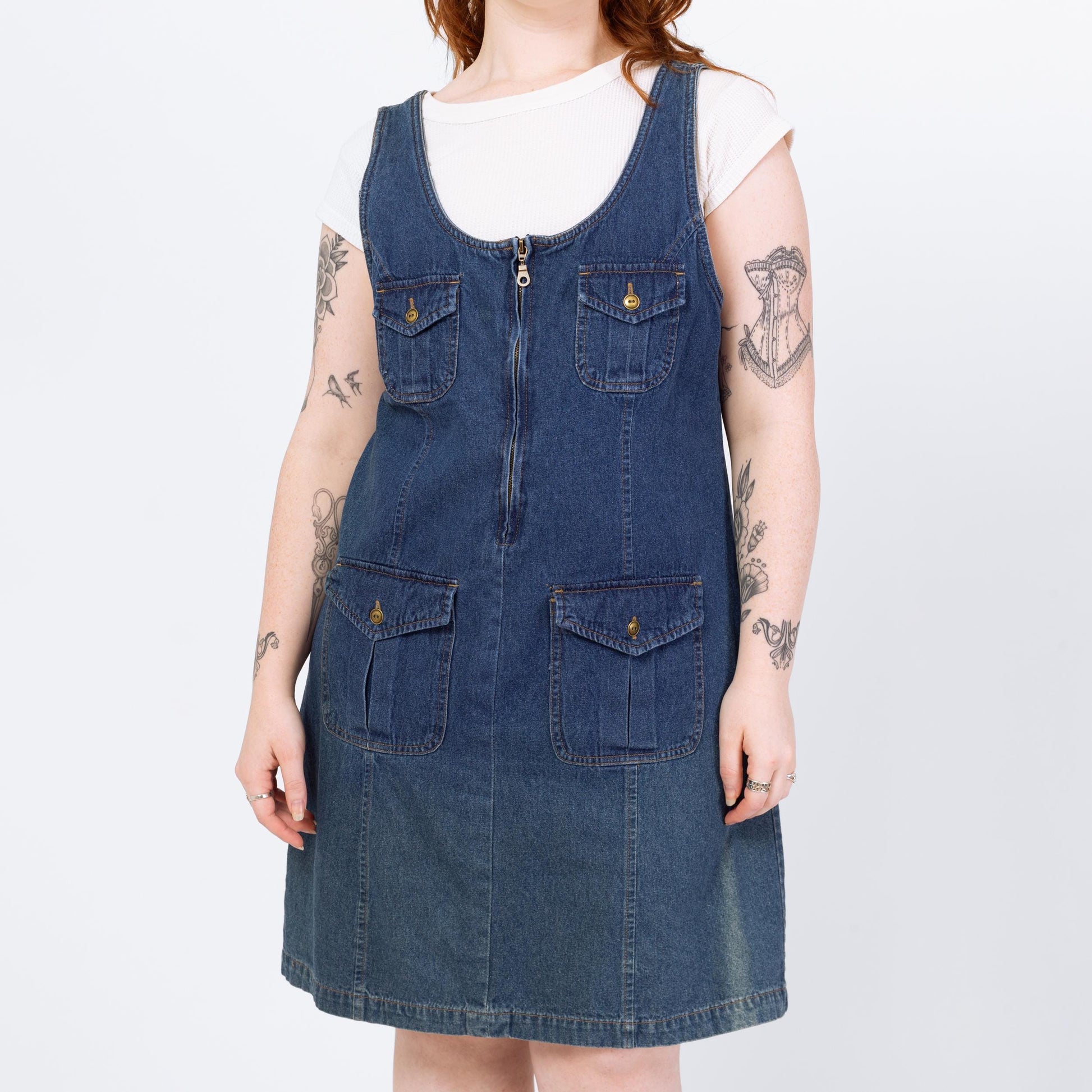 Vintage 90s Faded Denim Mini Pinafore Dress - Large | Zip Front Sleeveless Blue Jean Grunge Dress