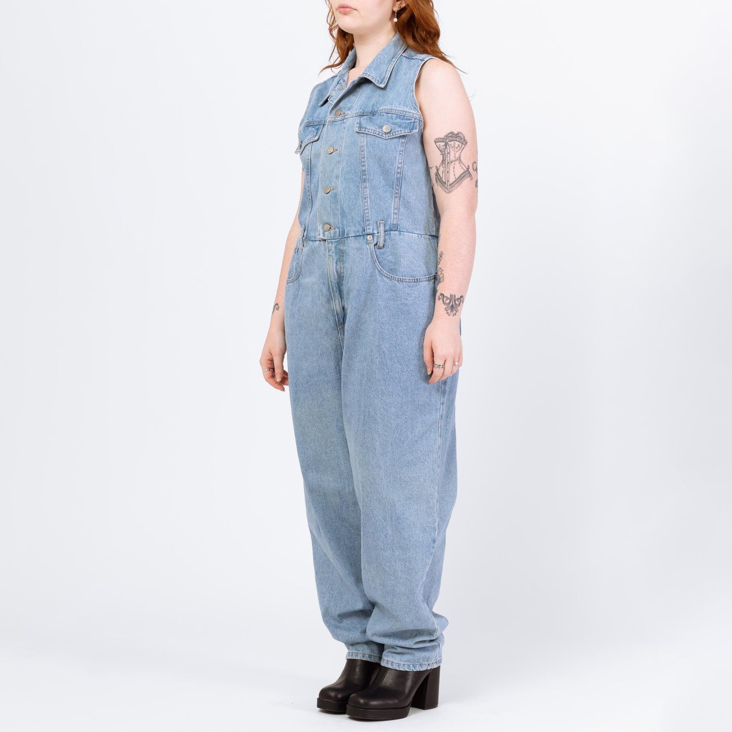 Vintage 90s Light Wash Denim Jumpsuit - Extra Large | Sleeveless Button Up Fitted Waist Grunge Coverall Pantsuit Outfit