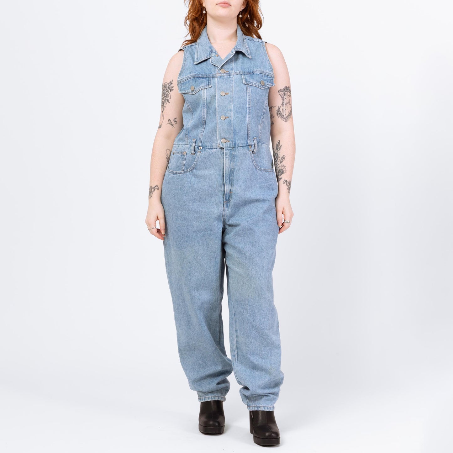 Vintage 90s Light Wash Denim Jumpsuit - Extra Large | Sleeveless Button Up Fitted Waist Grunge Coverall Pantsuit Outfit