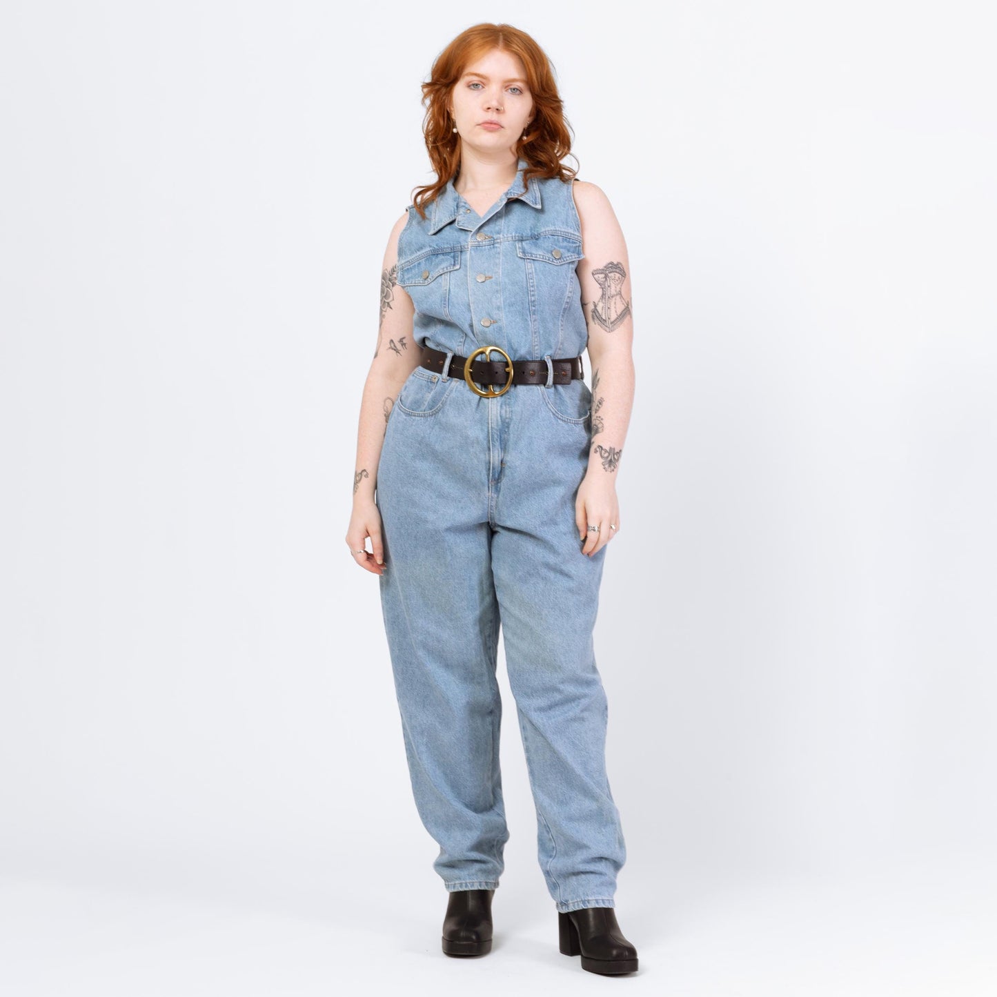 Vintage 90s Light Wash Denim Jumpsuit - Extra Large | Sleeveless Button Up Fitted Waist Grunge Coverall Pantsuit Outfit