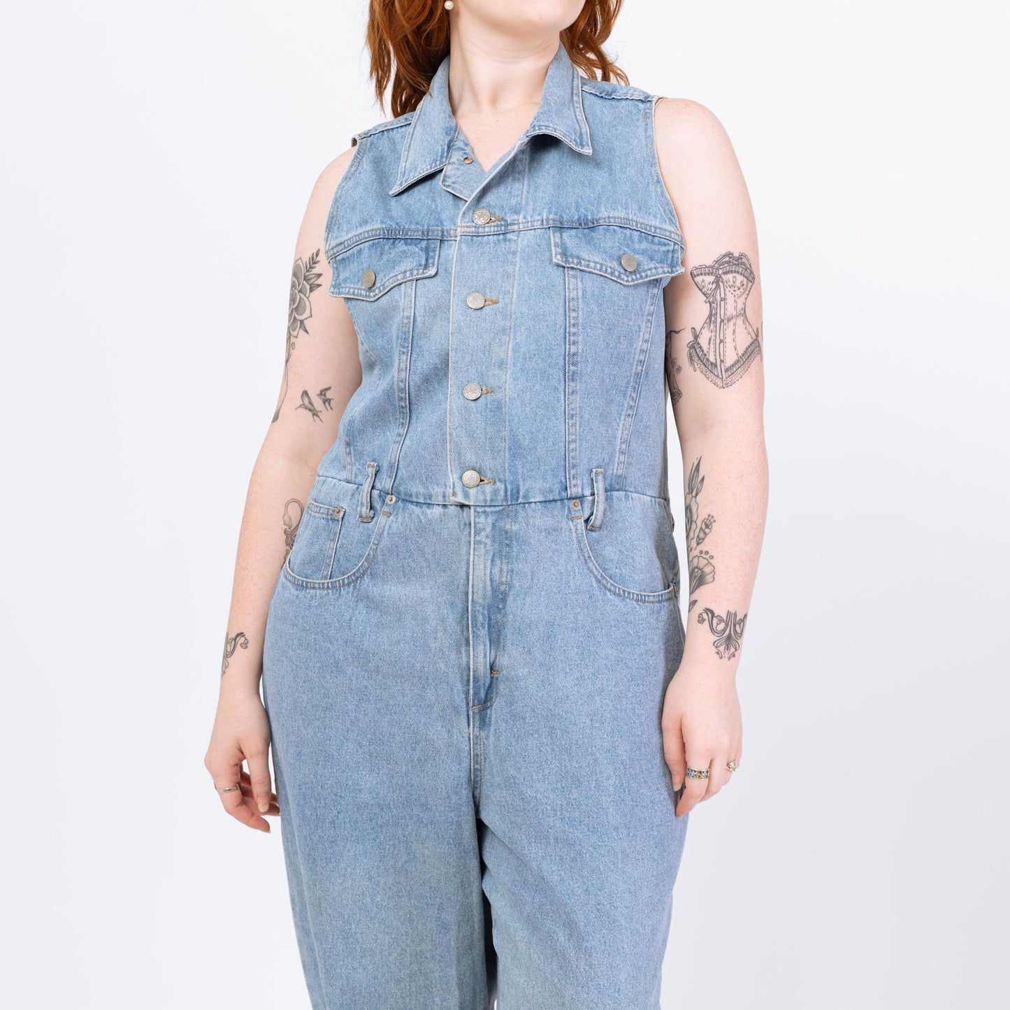 Vintage 90s Light Wash Denim Jumpsuit - Extra Large | Sleeveless Button Up Fitted Waist Grunge Coverall Pantsuit Outfit
