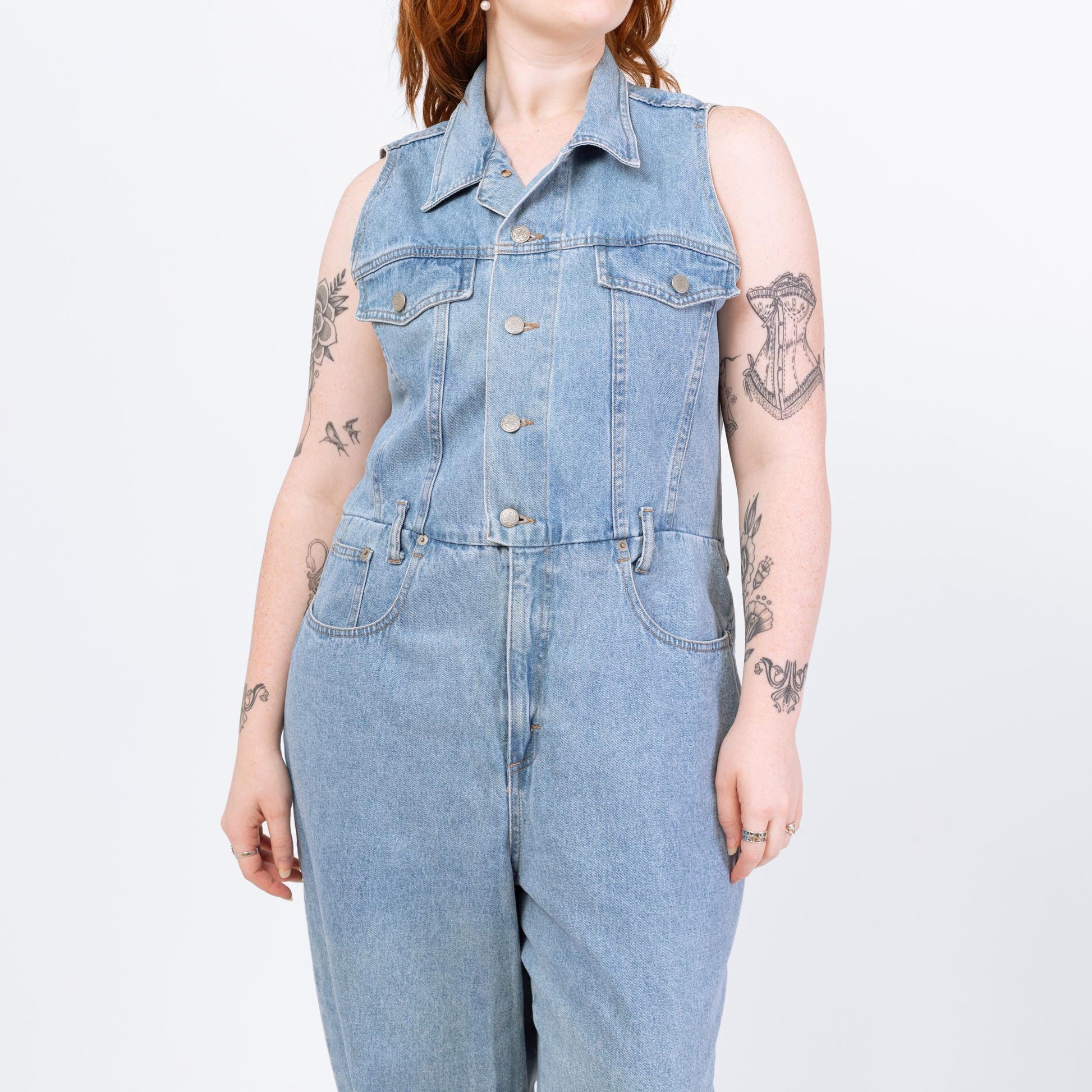 Vintage 90s Light Wash Denim Jumpsuit - Extra Large | Sleeveless Button Up Fitted Waist Grunge Coverall Pantsuit Outfit