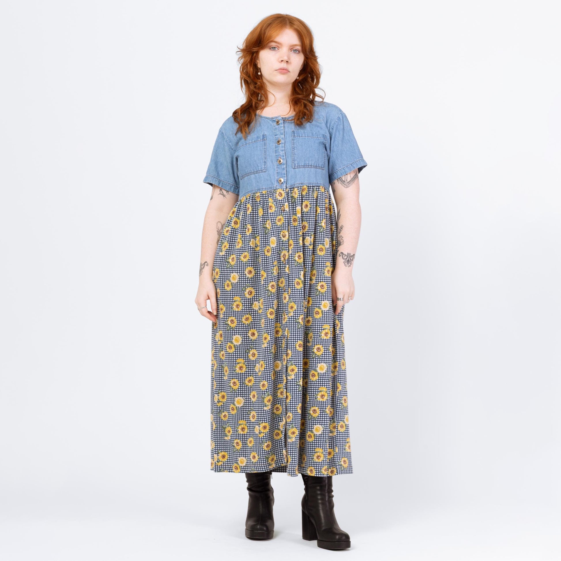 Vintage 90s Sunflower Floral & Chambray Maxi Dress - Medium | Denim Bodice Gingham Boho Grunge Pocket Sundress