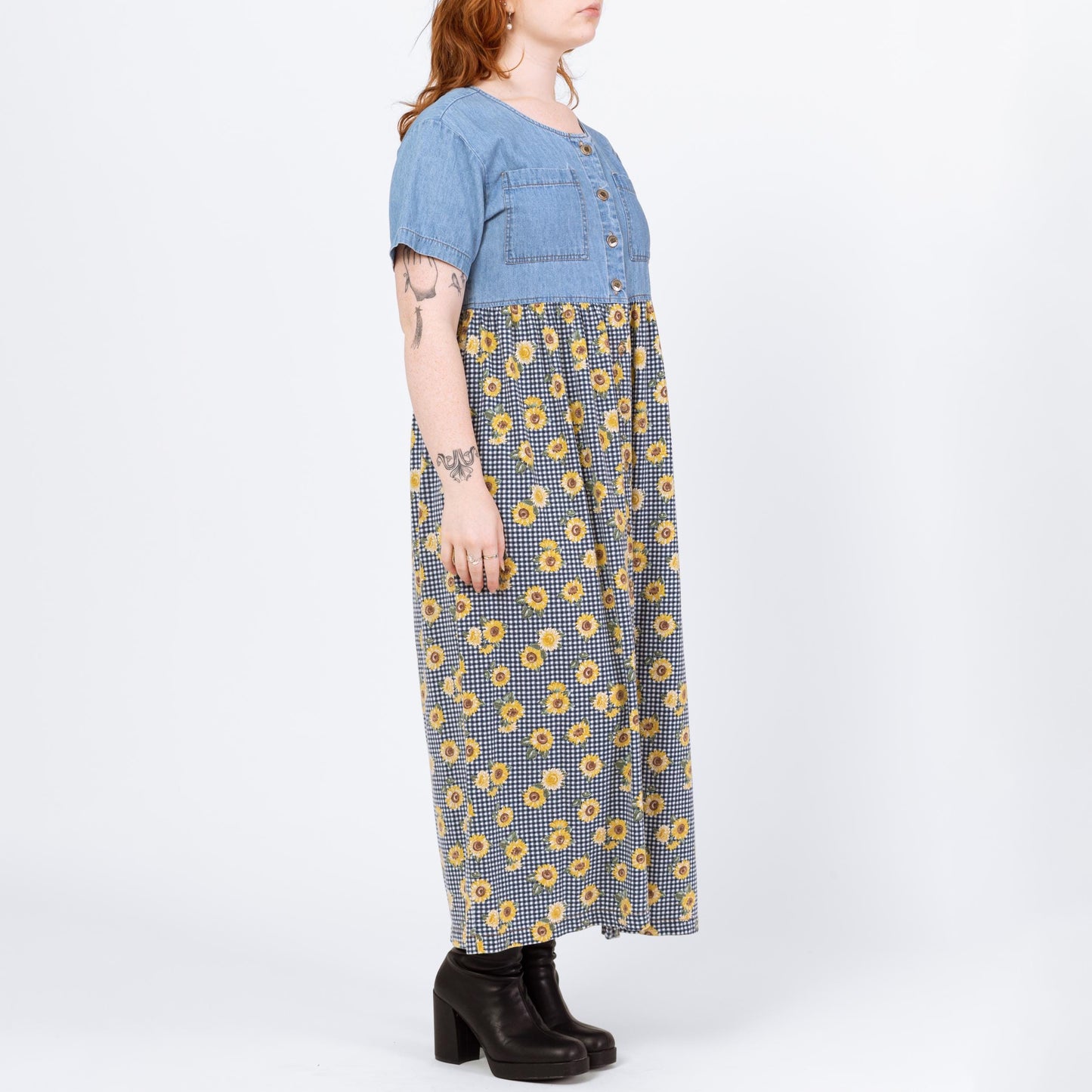 Vintage 90s Sunflower Floral & Chambray Maxi Dress - Medium | Denim Bodice Gingham Boho Grunge Pocket Sundress