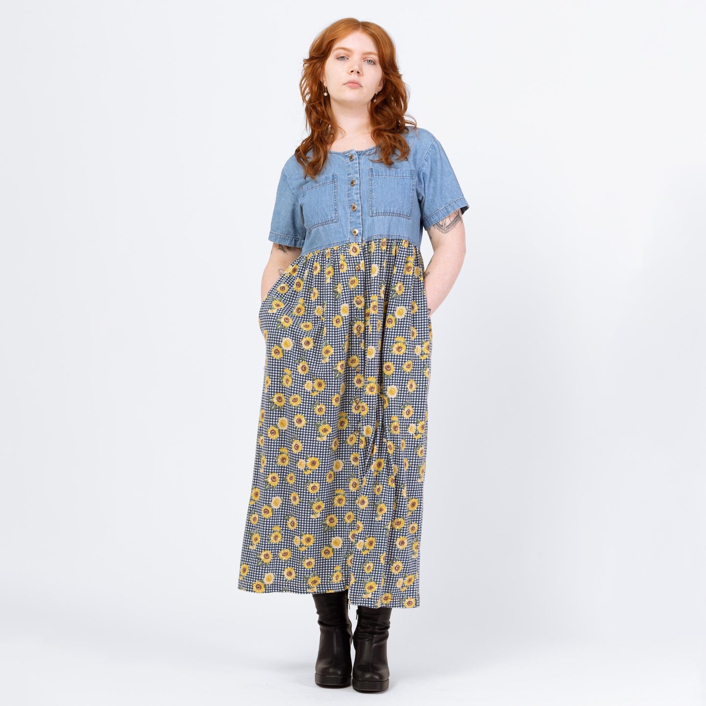 Vintage 90s Sunflower Floral & Chambray Maxi Dress - Medium | Denim Bodice Gingham Boho Grunge Pocket Sundress