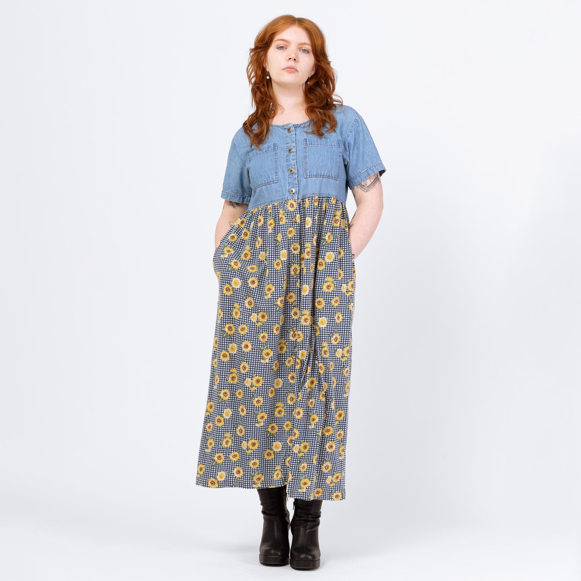 Vintage 90s Sunflower Floral & Chambray Maxi Dress - Medium | Denim Bodice Gingham Boho Grunge Pocket Sundress
