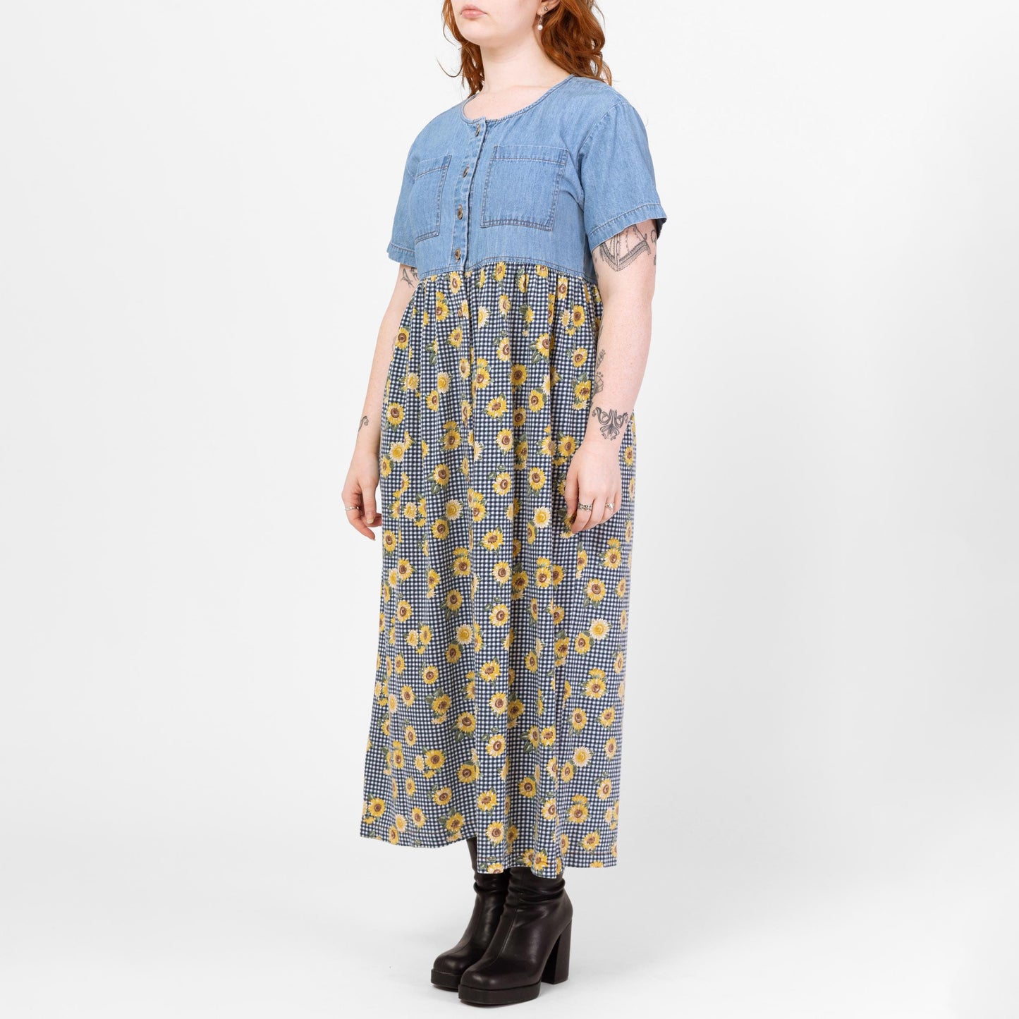 Vintage 90s Sunflower Floral & Chambray Maxi Dress - Medium | Denim Bodice Gingham Boho Grunge Pocket Sundress