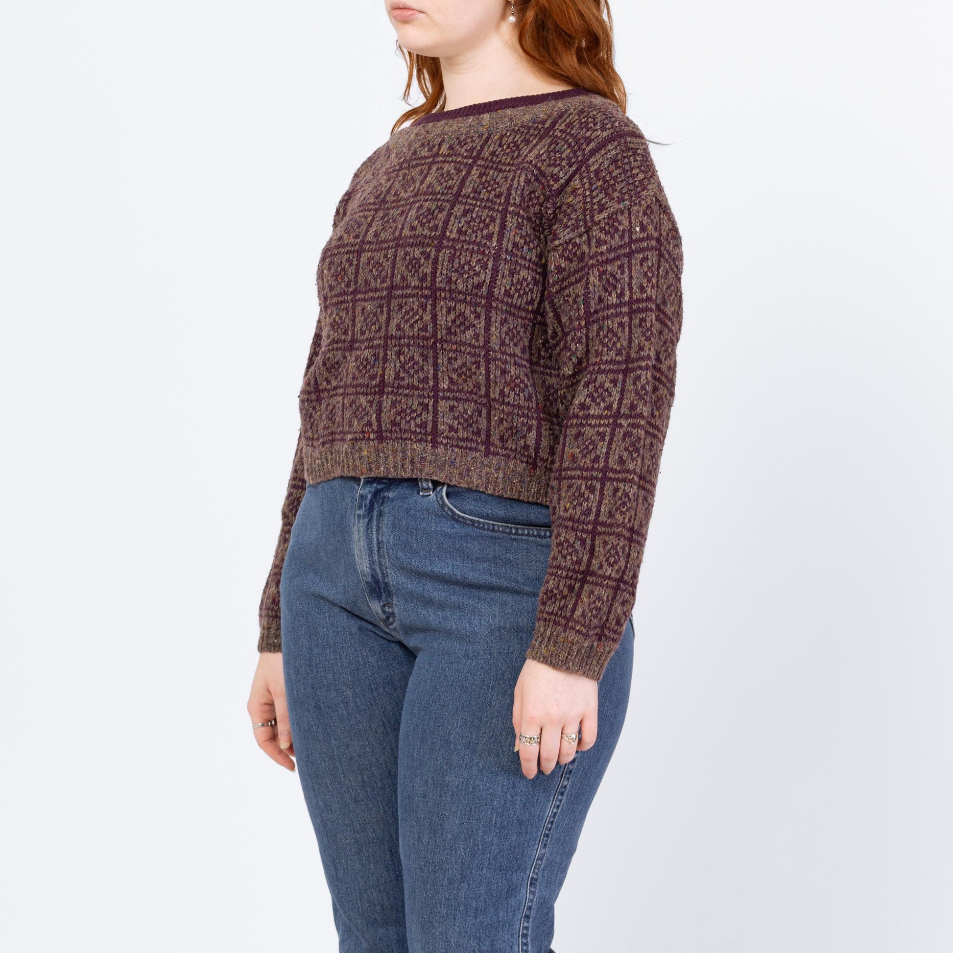 Vintage 80s Purple & Grey Cropped Sweater - Large | Grunge Crew Neck Pullover, Slouchy Boxy Fit Crop Top Jumper