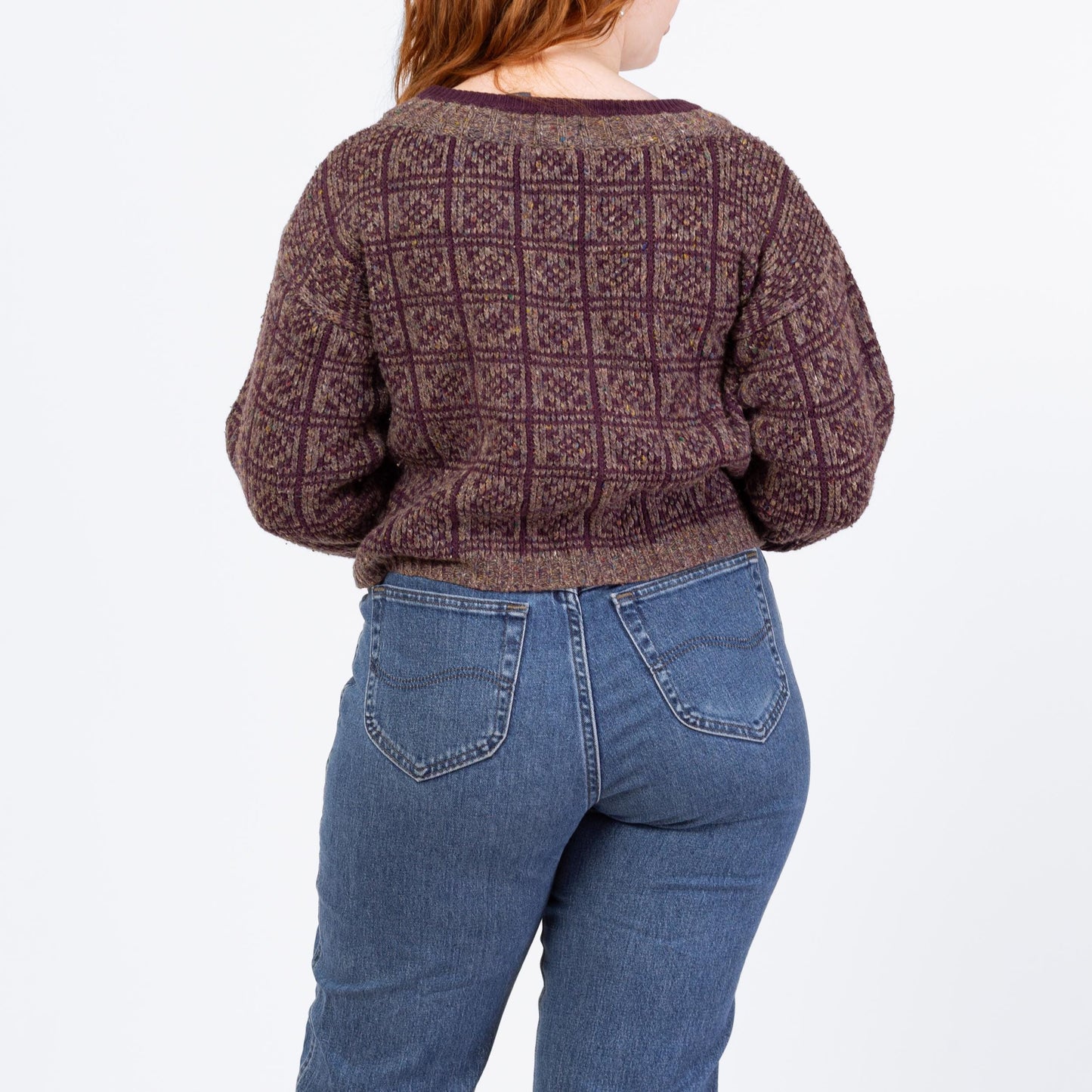 Vintage 80s Purple & Grey Cropped Sweater - Large | Grunge Crew Neck Pullover, Slouchy Boxy Fit Crop Top Jumper