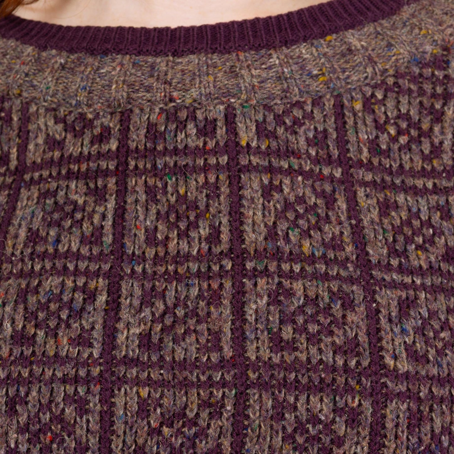 Vintage 80s Purple & Grey Cropped Sweater - Large | Grunge Crew Neck Pullover, Slouchy Boxy Fit Crop Top Jumper