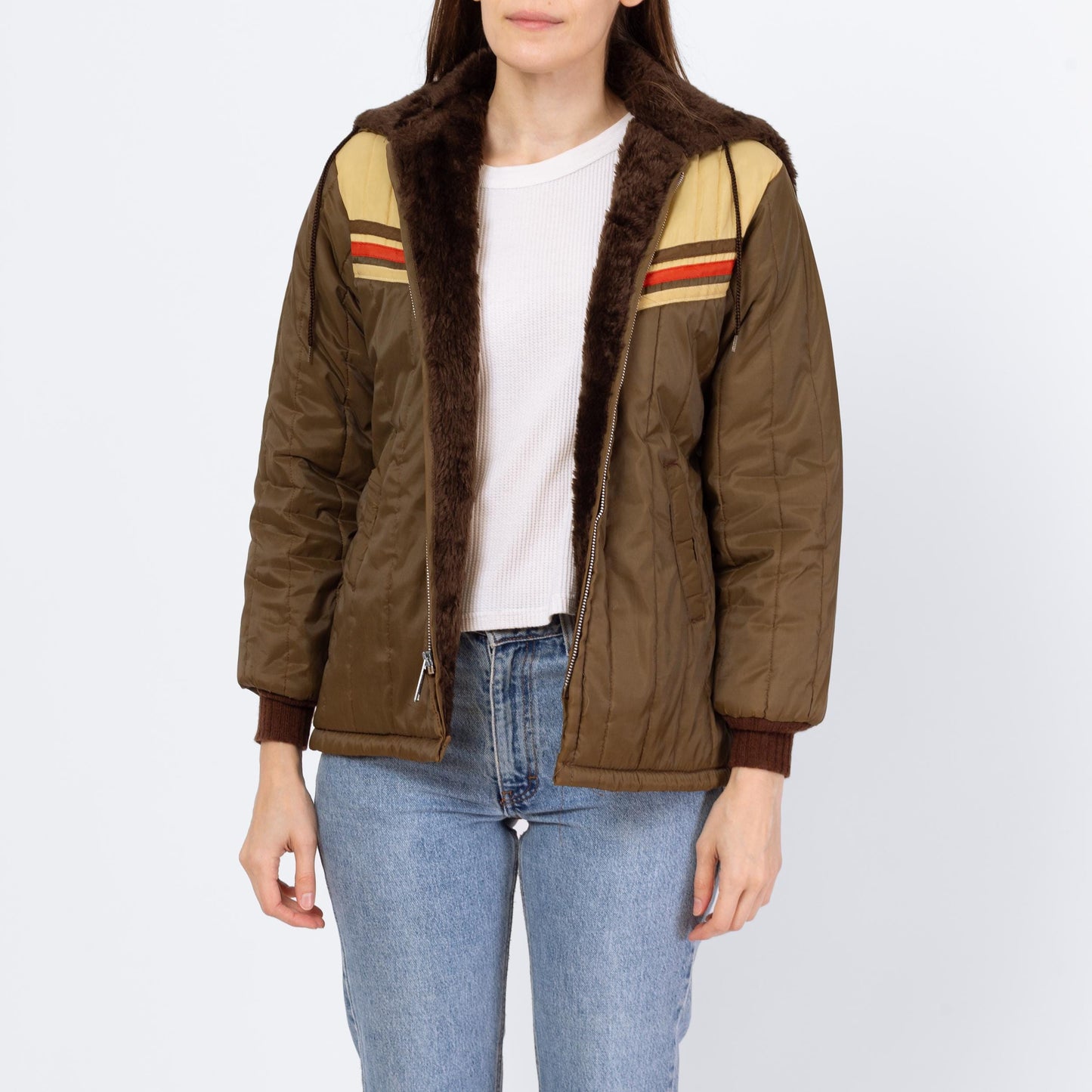 Vintage 70s Olive Brown Chevron Striped Plush Lined Jacket - Petite Extra Small | Retro Zip Up Hooded Winter Coat