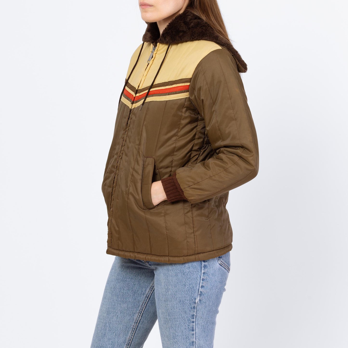Vintage 70s Olive Brown Chevron Striped Plush Lined Jacket - Petite Extra Small | Retro Zip Up Hooded Winter Coat